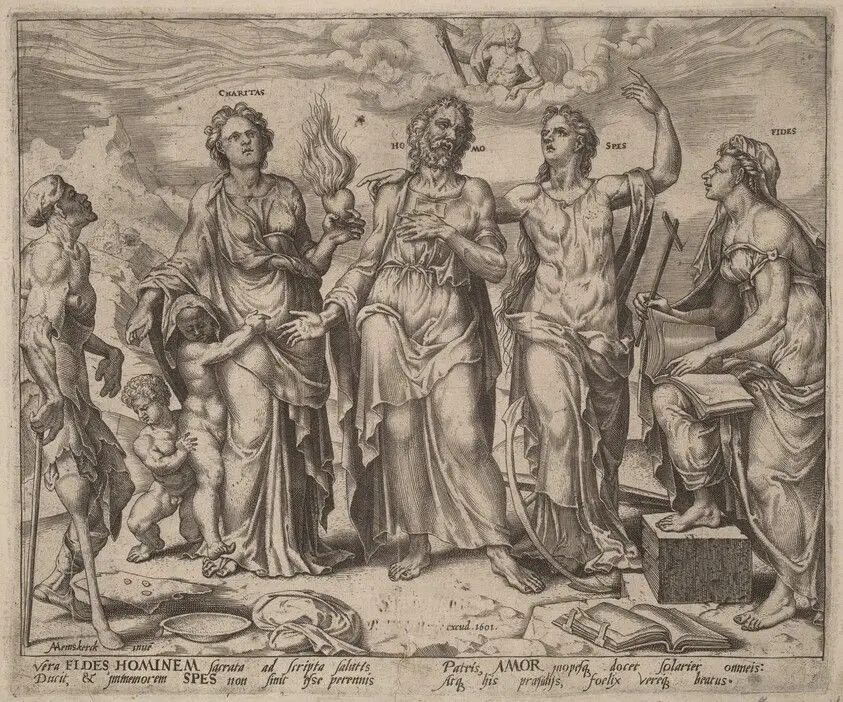Man Assisted by Faith, Hope and Charity by Dutch 16th Century