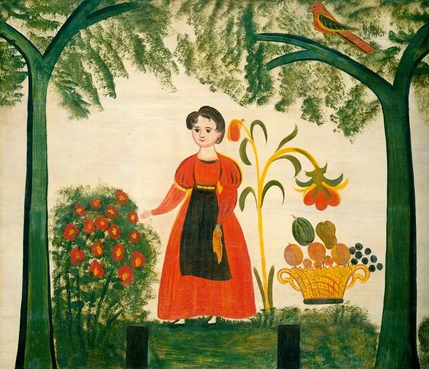 Girl in Red with Flowers and a Distelfink by American 19th Century