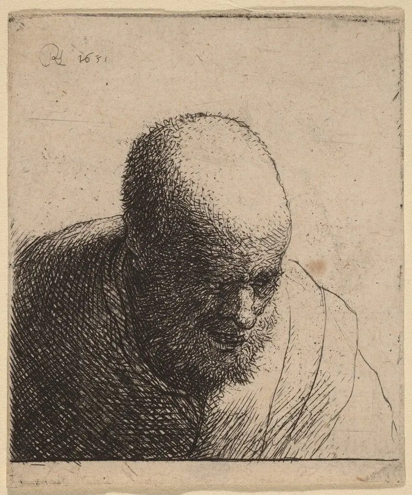 Bald Man with Open Mouth, Looking Down by Rembrandt van Rijn
