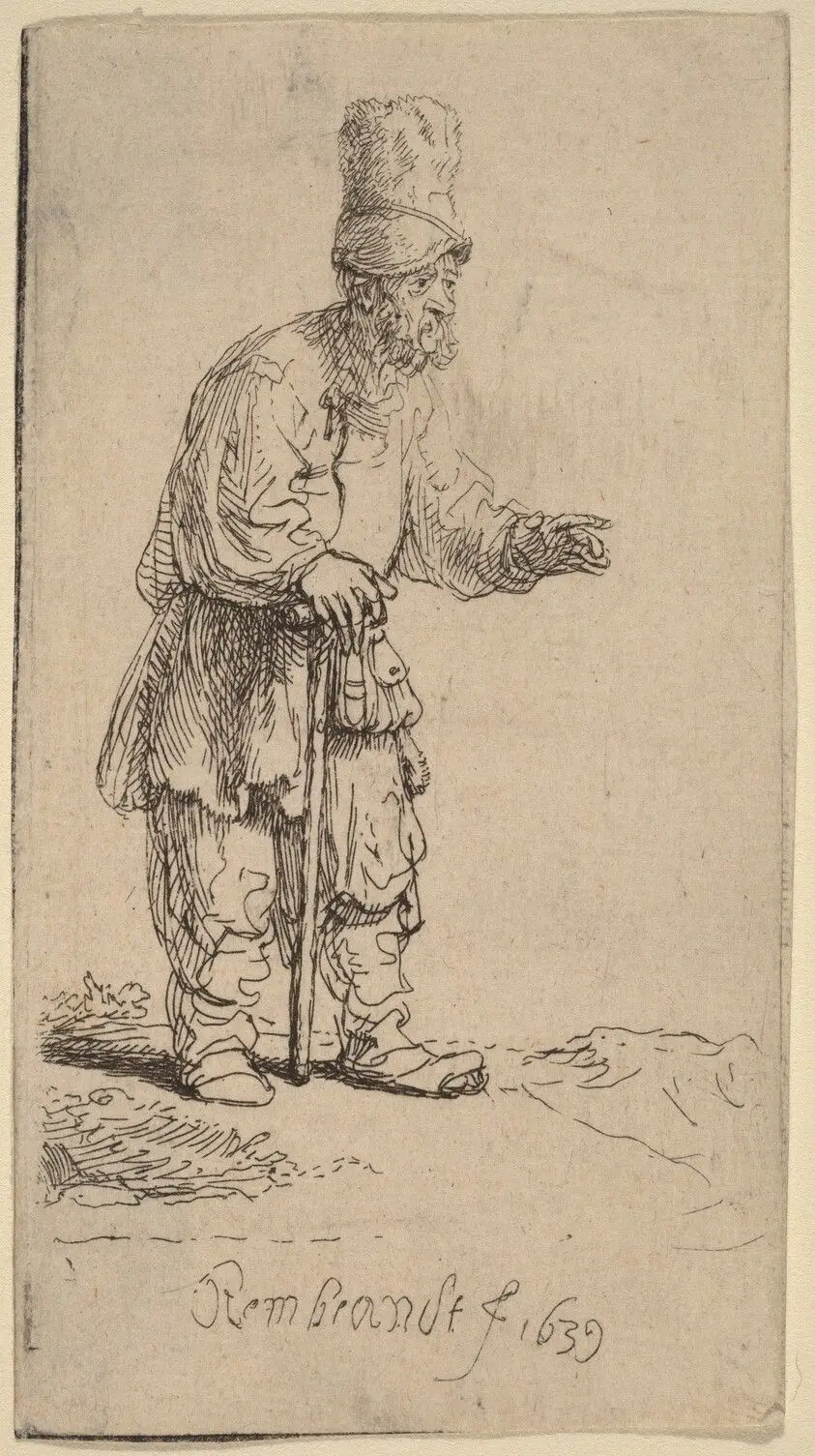 A Peasant in a High Cap, Standing Leaning on a Stick by Rembrandt van Rijn