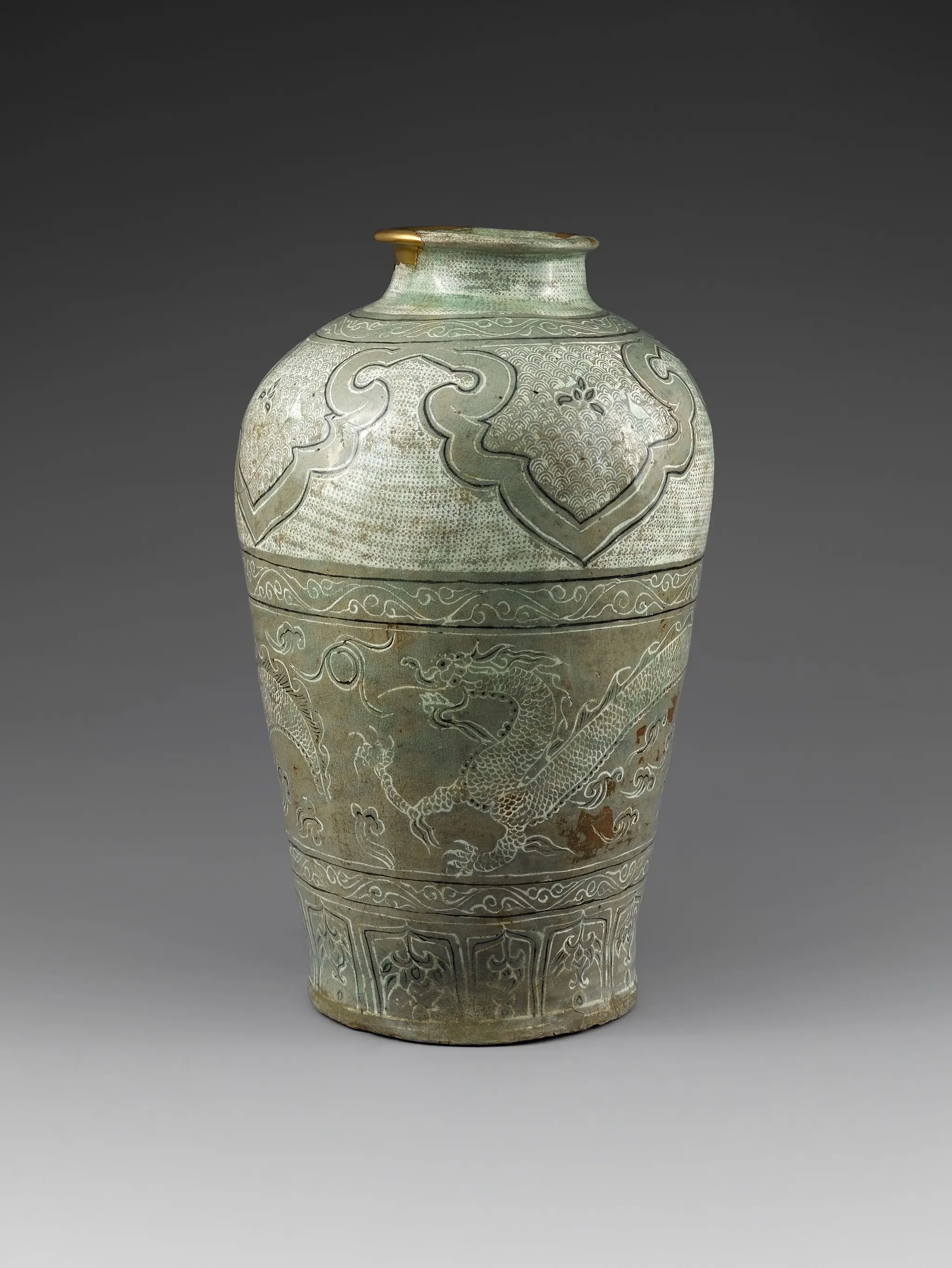 Buncheong Jar with Inlaid Dragon and Stamped Design by Unknown artist