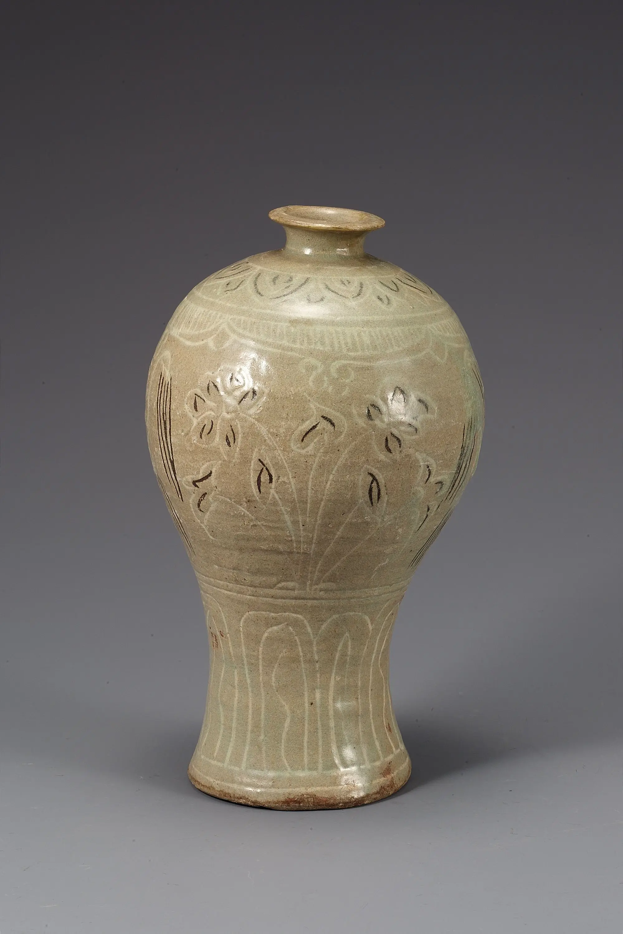 Buncheong Prunus Vase with Inlaid Lotus and Willow Design and Inscription by Unknown artist