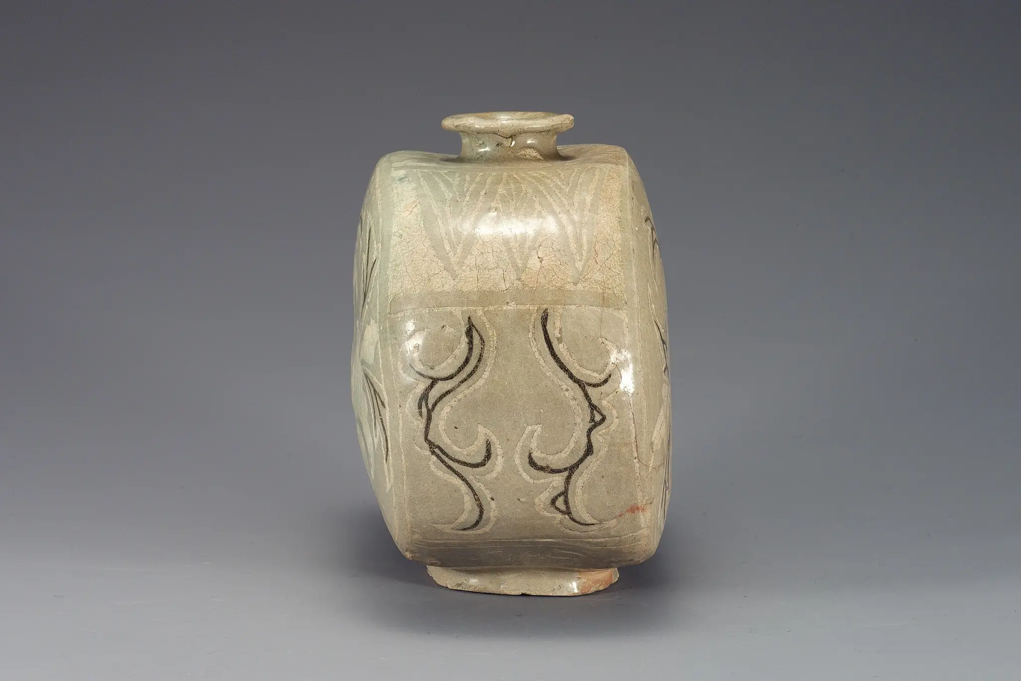Buncheong Flat Bottle with Inlaid Peony Design by Unknown artist