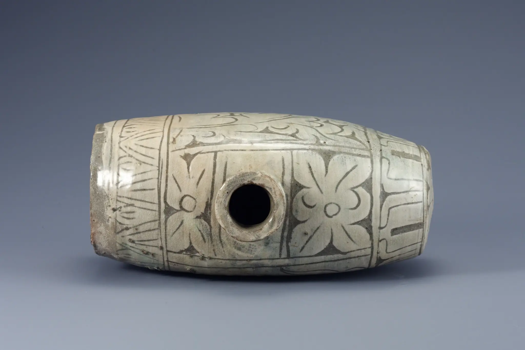 Buncheong Barrel-shaped Vessel with Incised Peony and Fish Design by Unknown artist