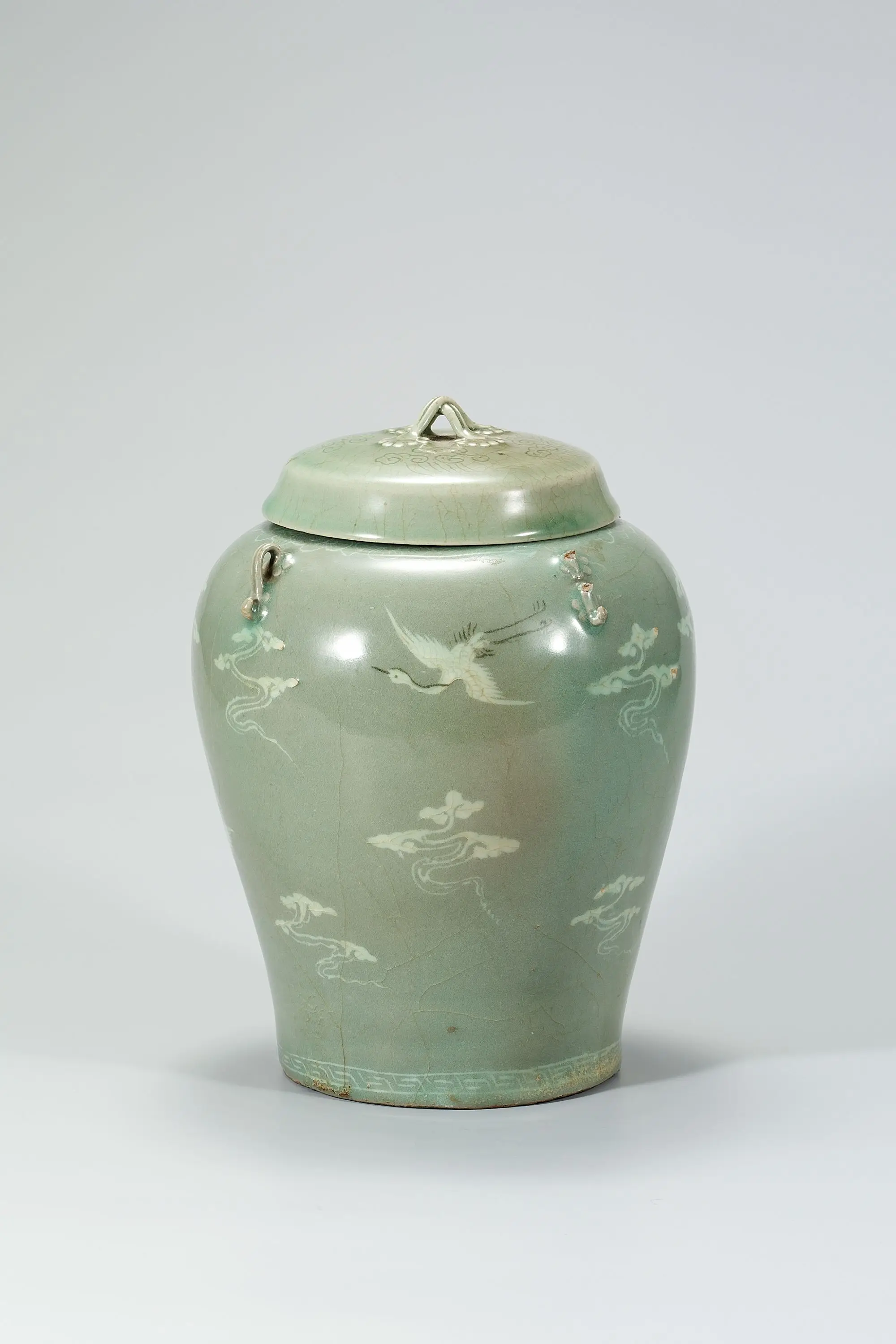 Celadon Jar with Four Lugs and Inlaid Cloud and Crane Design by Unknown artist