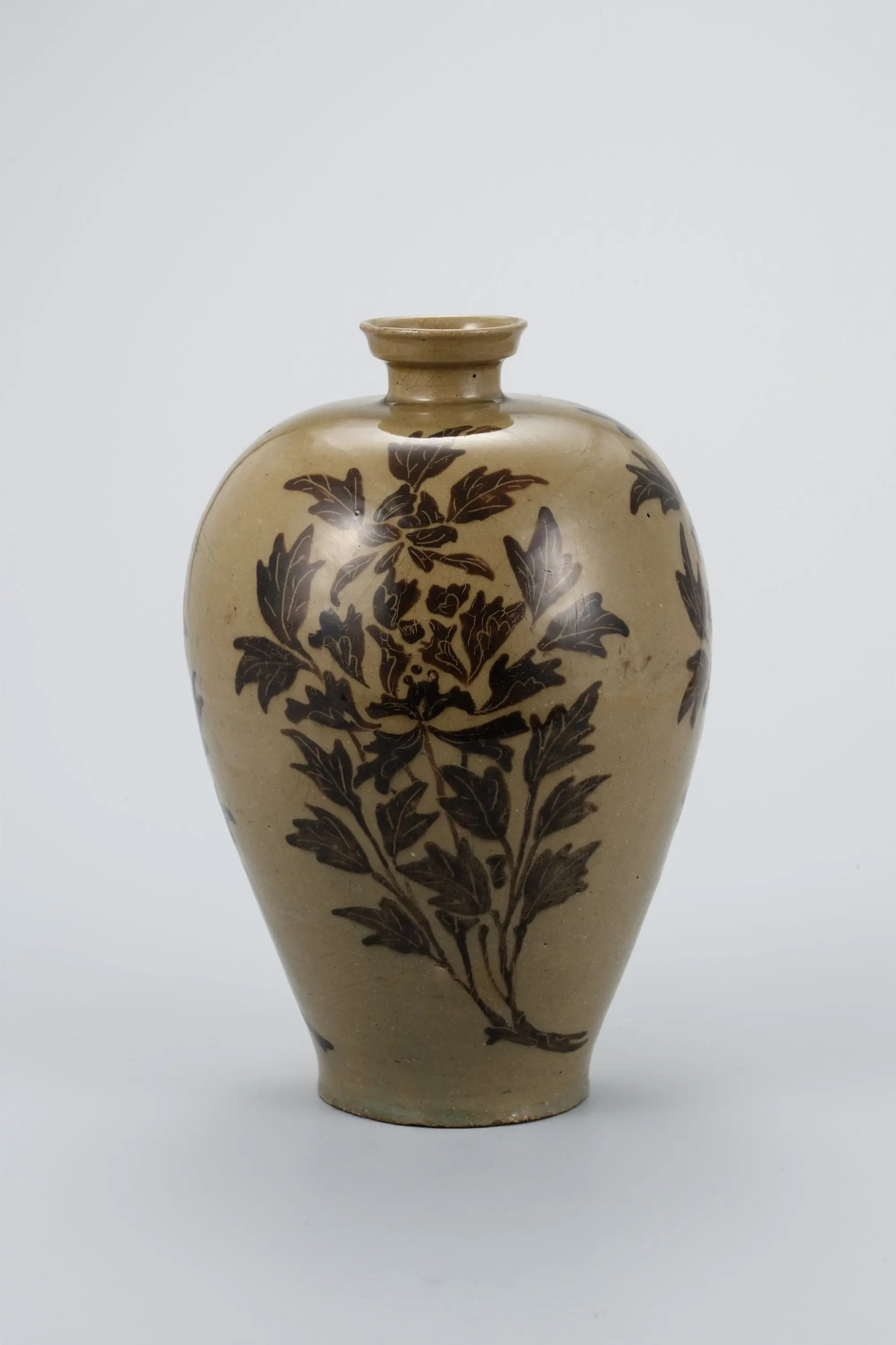 Celadon Prunus Vase with Peony Design in Underglaze Iron Brown by Unknown artist