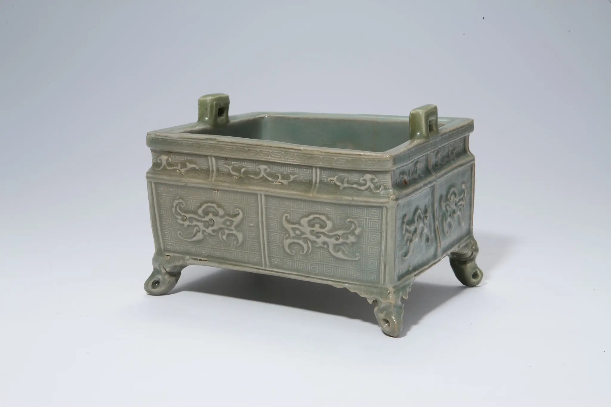 Celadon Incense Burner with Ogre Mask Design in Relief by Unknown artist