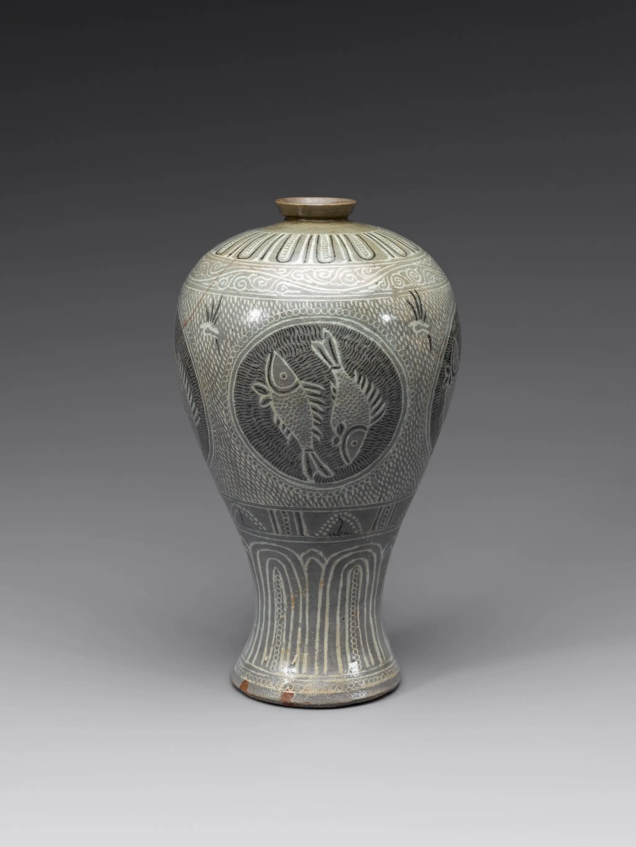 Buncheong Prunus Vase with Inlaid Fish and Stamped Design by Unknown artist