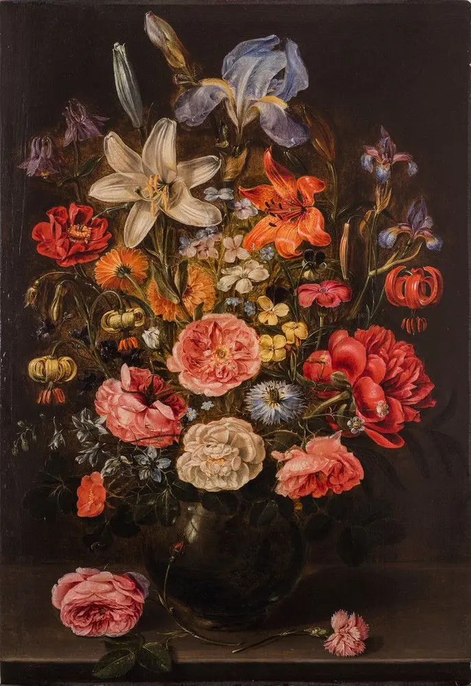 A Still Life of Lilies, Roses, Iris, Pansies, Columbine, Love-in-a-Mist, Larkspur and other Flowers in a Glass Vase on a Table Top, Flanked by a Rose and a Carnation by Clara Peeters