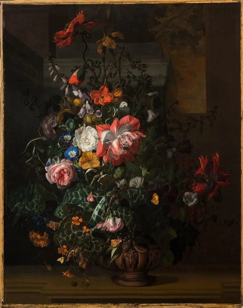 Roses, Convolvulus, Poppies, and Other Flowers in an Urn on a Stone Ledge by Rachel Ruysch