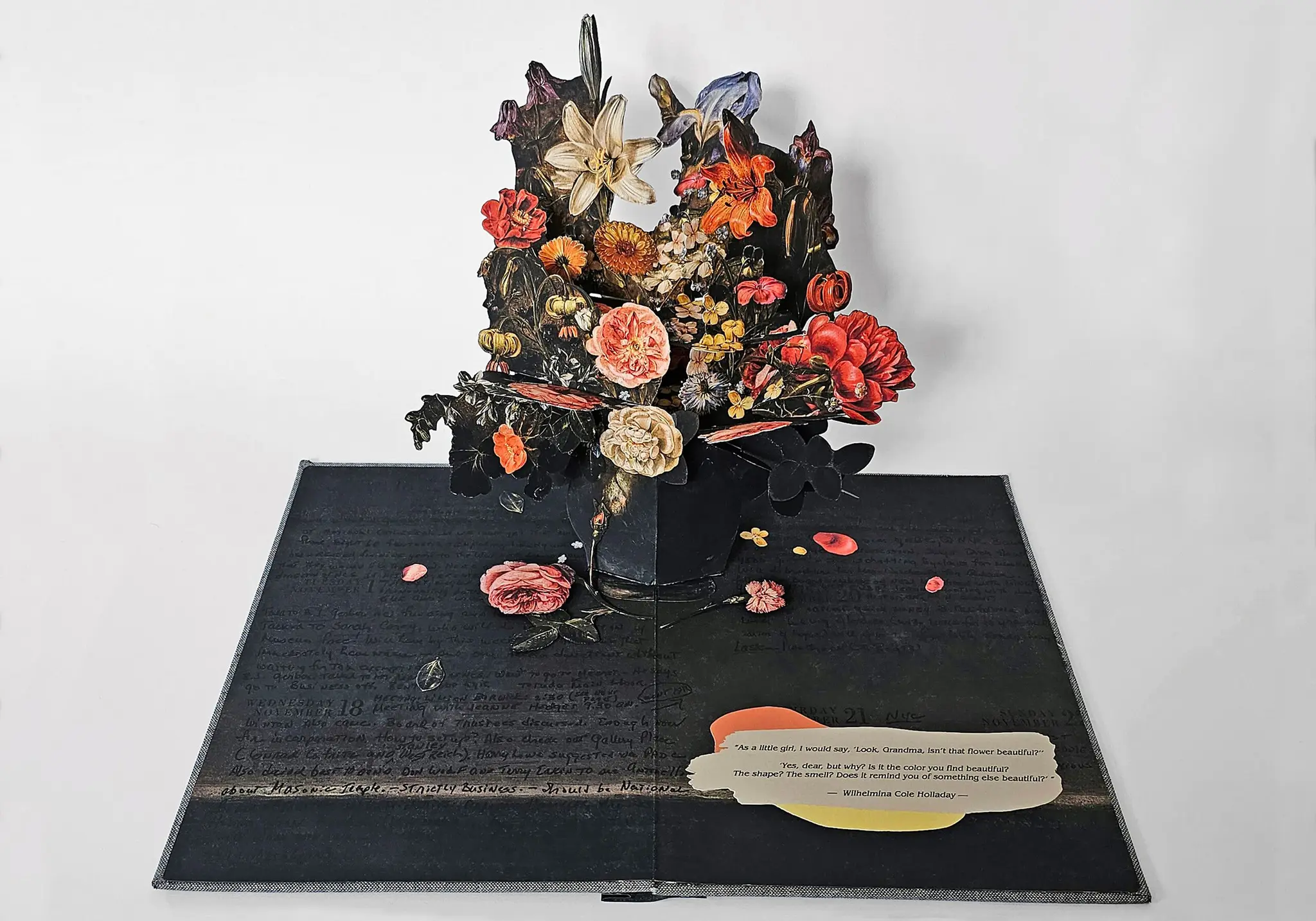 A Pop-up Book of Lilies, Roses, Iris, Pansies, Columbine, Love-in-a-Mist, Larkspur and Other Flowers in a Glass Vase on Table Top, Flanked by a Rose and a Carnation by Colette Fu