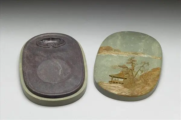 Songhua inkstone with lid featuring landscape by Unknown artist