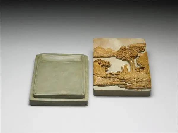 Songhua inkstone with lid featuring landscape and figure by Unknown artist