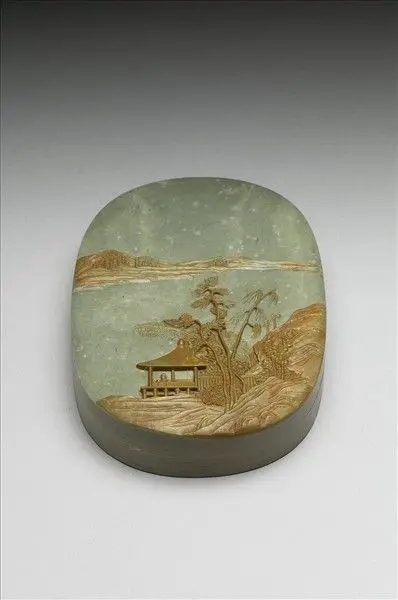 Songhua inkstone box featuring engraved landscape scene by Unknown artist
