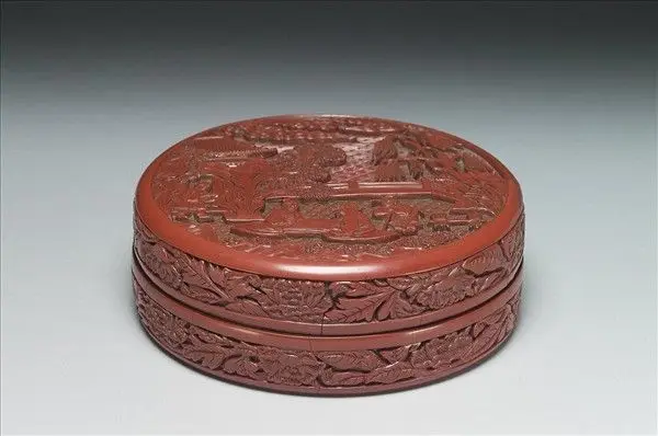 Carved-red lacquer round box decorated with figures in landscape by Unknown artist