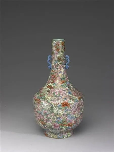 Yangcai porcelain vase with flowers and dragon handles. by Unknown artist