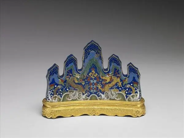 Copper brush rest in the shape of a mountain range with dragon pattern in cloisonné enamels by Unknown artist