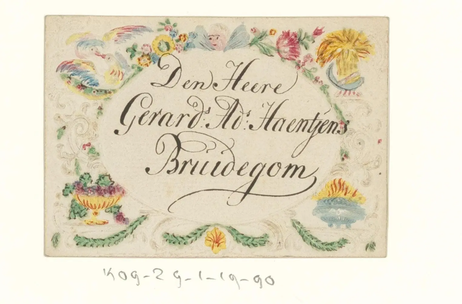 Bruiloftskaart voor de bruidegom 'Den Heere Gerard.s Ad.s Haentjens' by anonymous