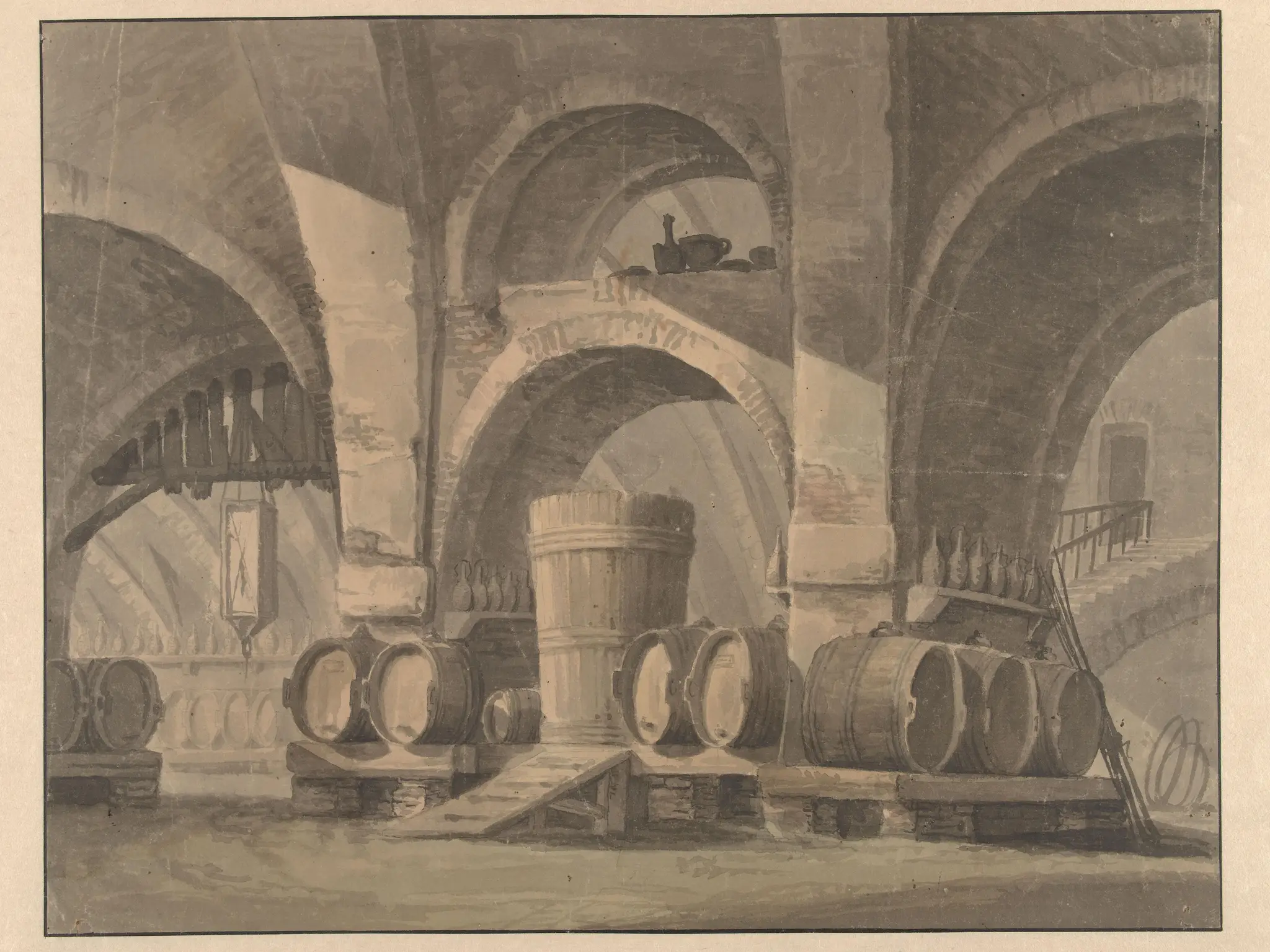 Interieur van een kelder met wijnvaten en flessen by anonymous