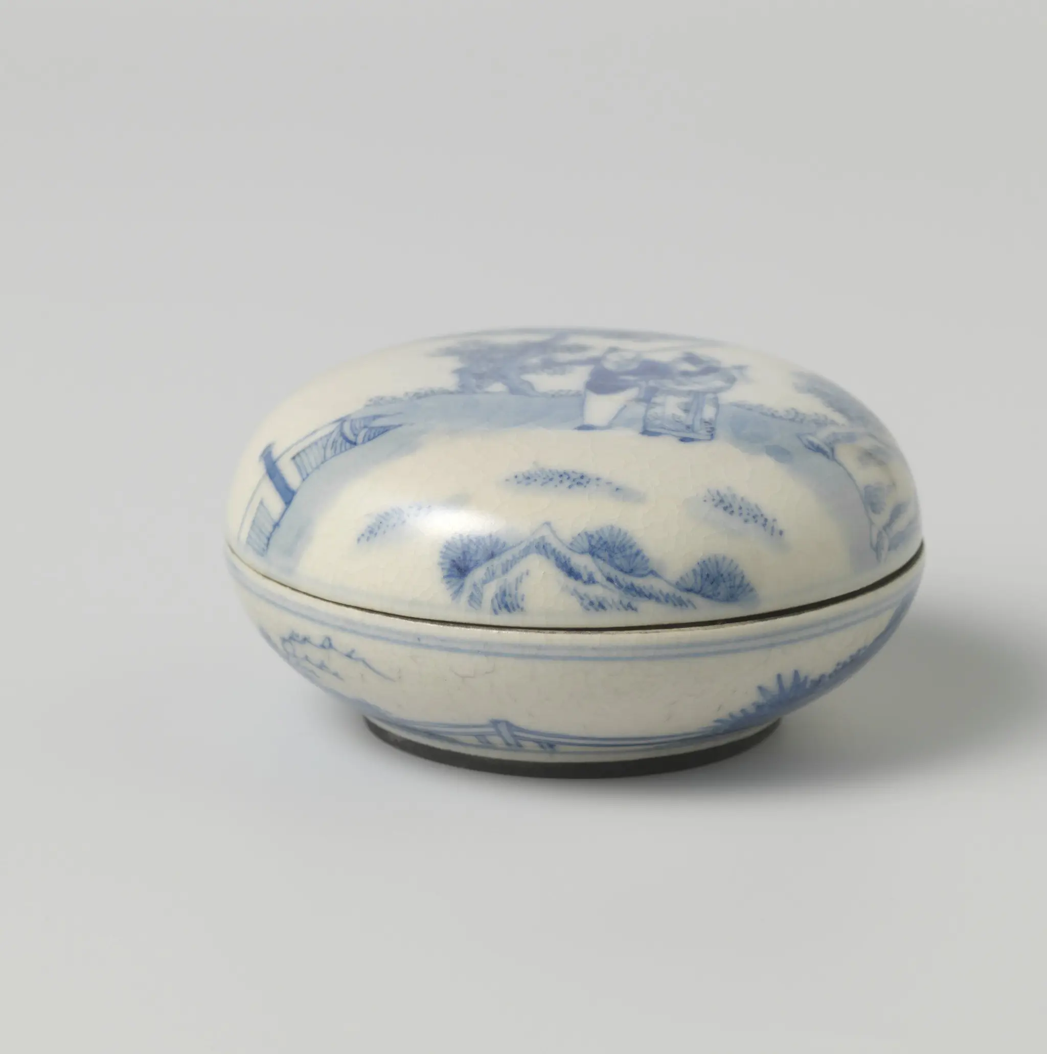 Box with a river landscape and two figures by anonymous