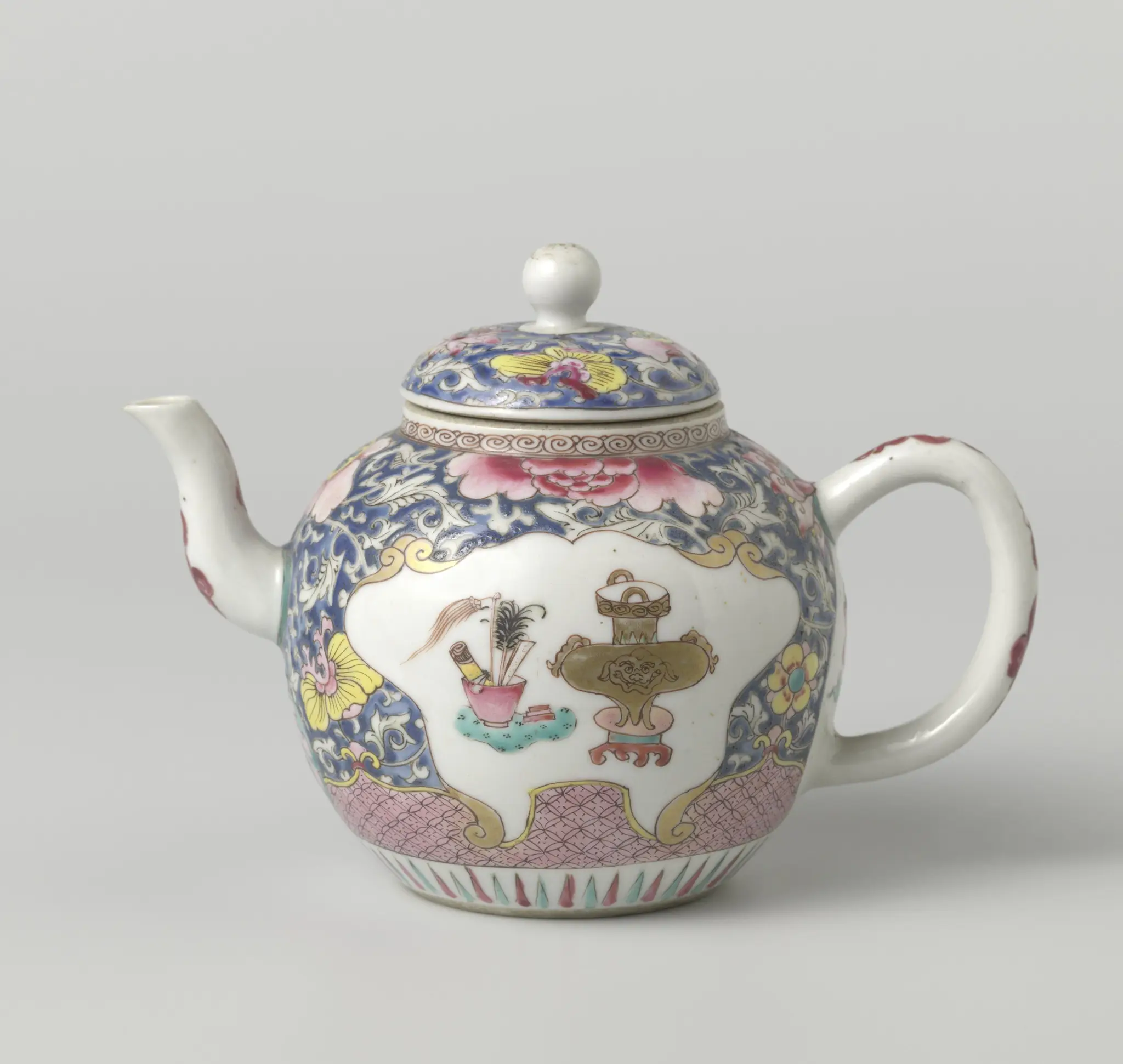 Teapot with flowers, floral scrolls and antiquities in panels by anonymous