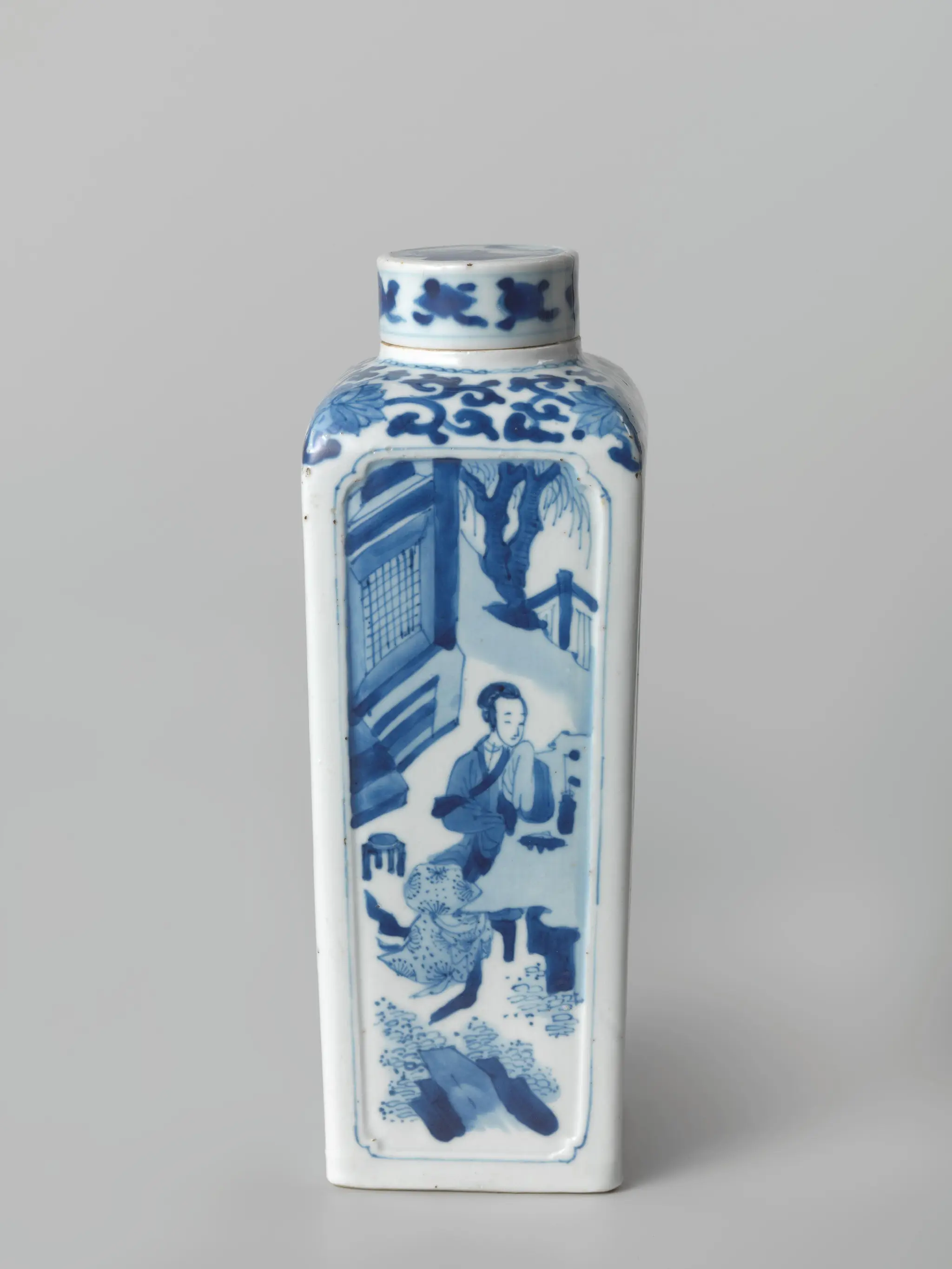 Square jar with women in a landscape or garden by anonymous