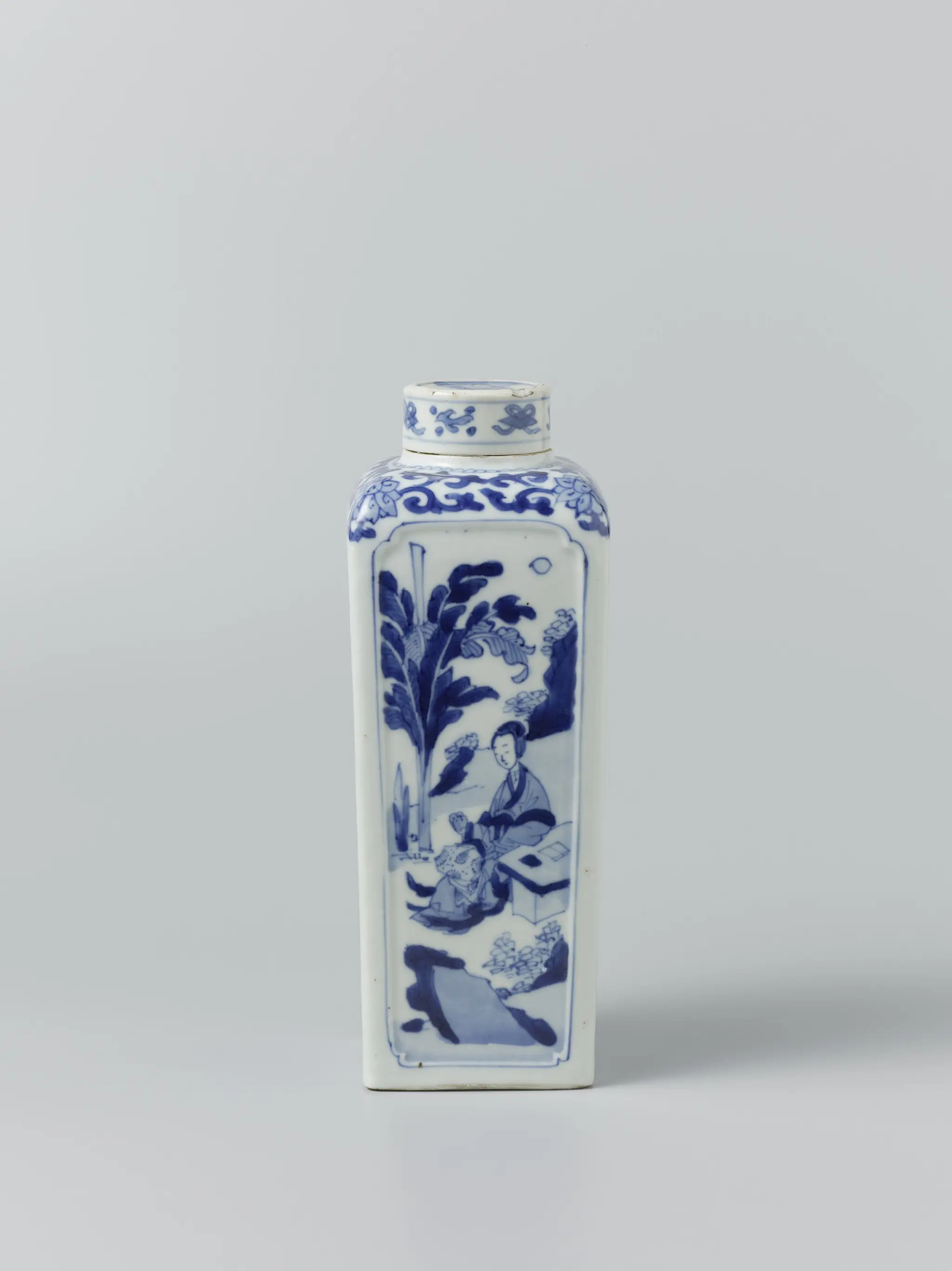 Square jar with women in a landscape or garden by anonymous