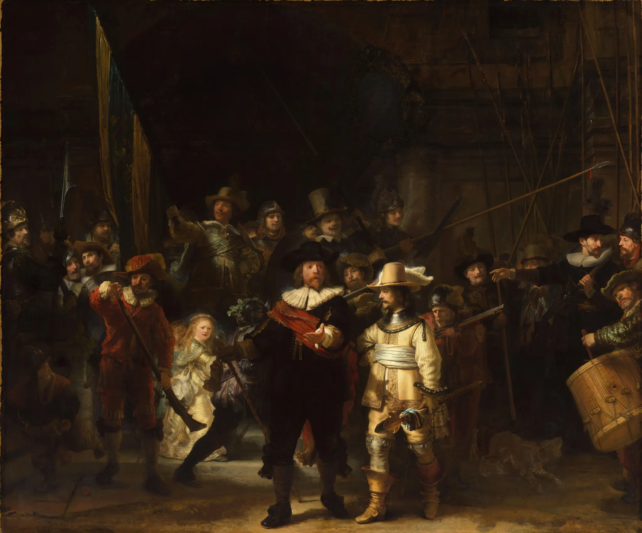 Officers and other civic guardsmen of District II in Amsterdam, under the command of Captain Frans Banninck Cocq and Lieutenant Willem van Ruytenburch, known as ‘The Night Watch’ by Rembrandt van Rijn