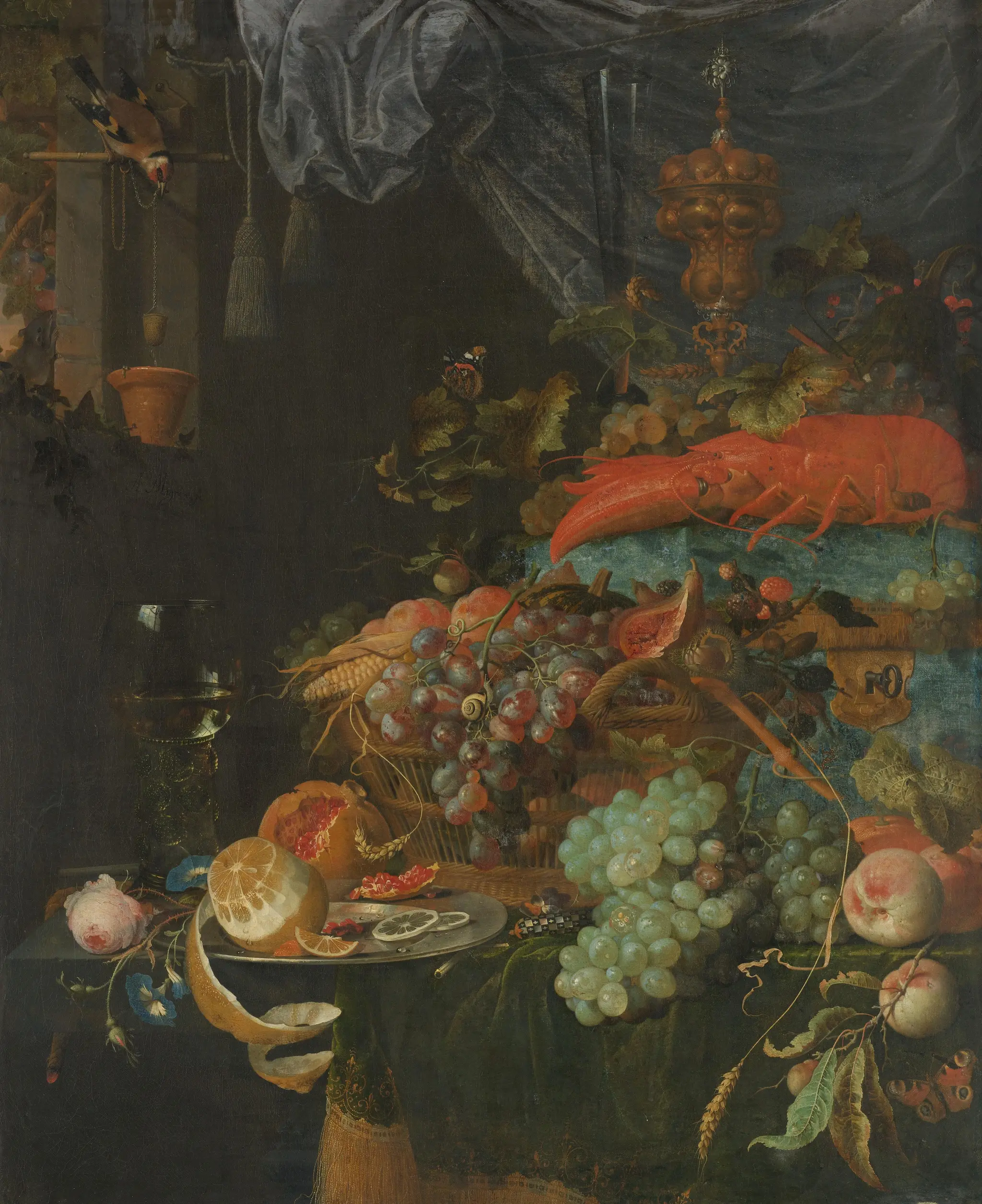 Still Life with Fruit and a Goldfinch by Abraham Mignon