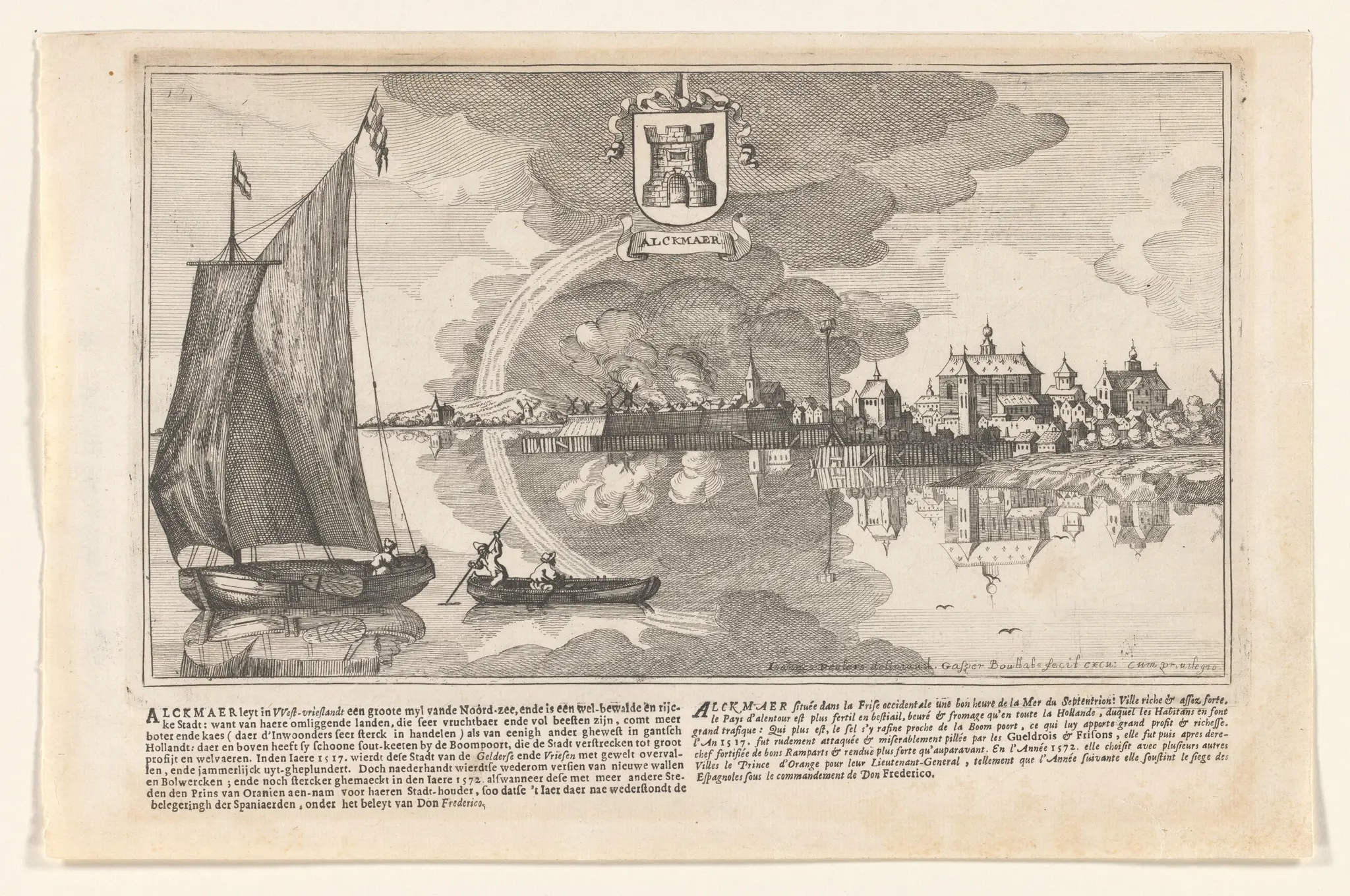 Stadsgezicht op Alkmaar met zeilboot links by Gaspar Bouttats