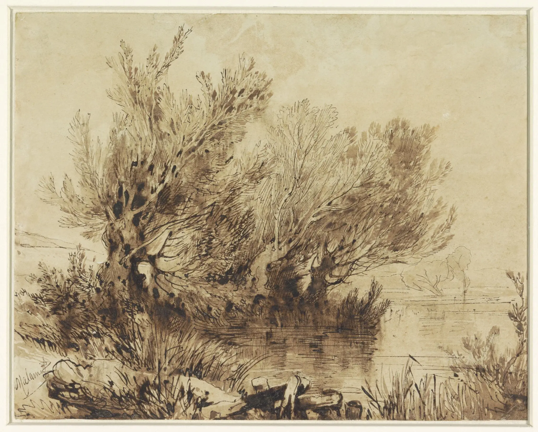 Wilgen aan een meer in zacht glooiend terrein by Alexandre Calame