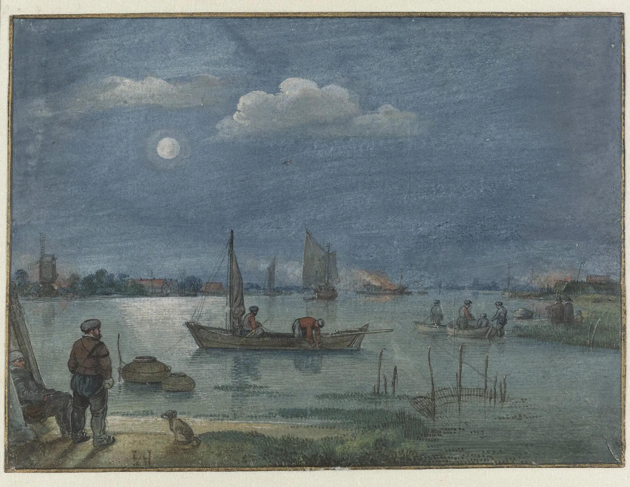 Moonlit River Landscape with Fishermen by Hendrick Avercamp