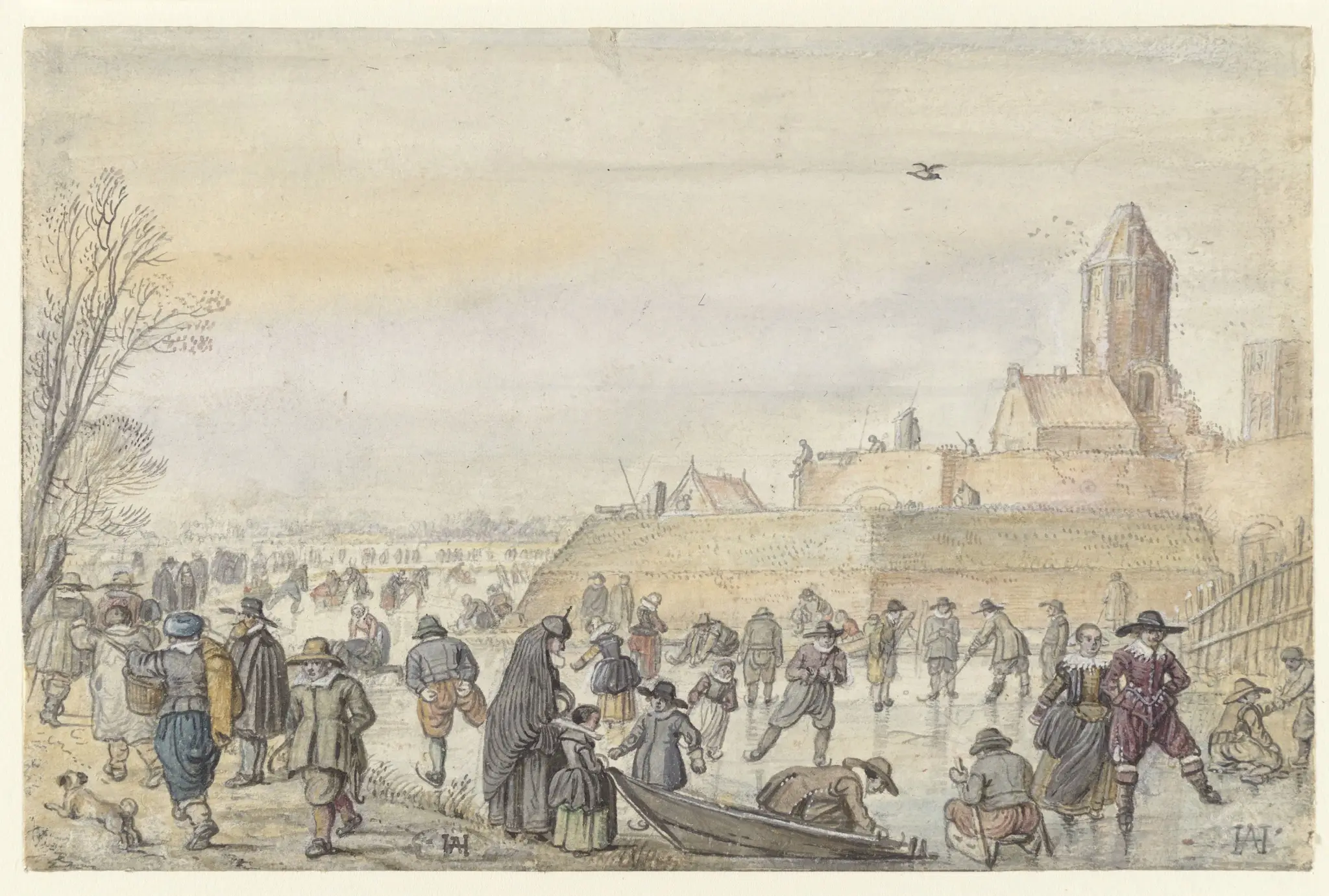 Winter Scene on the Frozen Canal near the Kalverhekkenpoort, Kampen / verso: Sketches of Figures on the Ice by Hendrick Avercamp