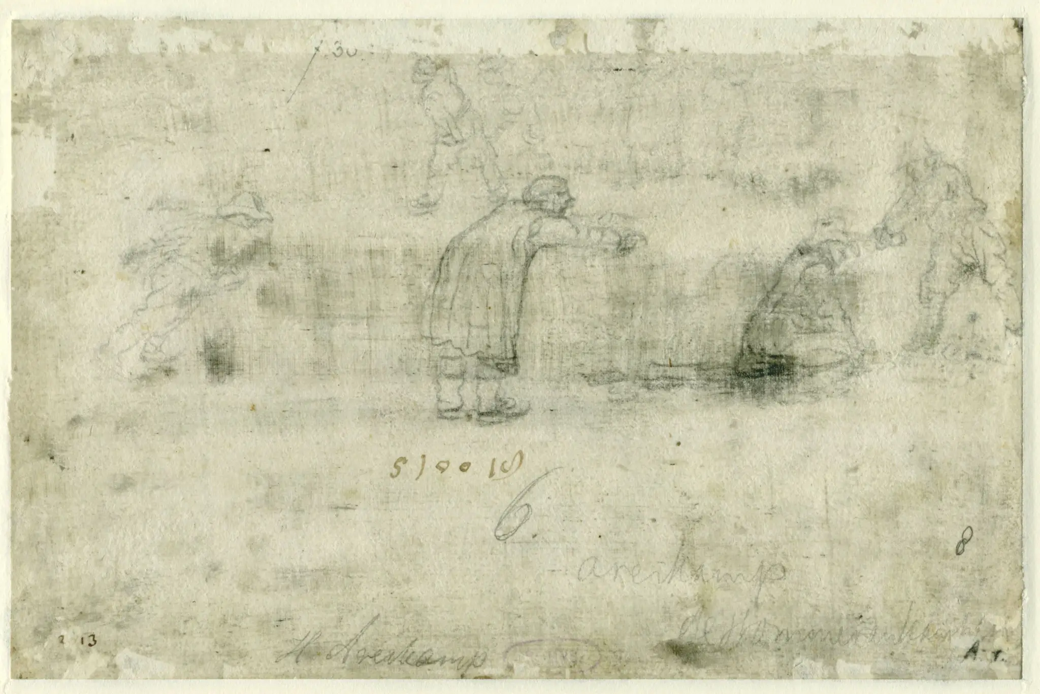 Sketches of Figures on the Ice / recto: Winter Scene on the Frozen Canal near the Kalverhekkenpoort, Kampen by Hendrick Avercamp