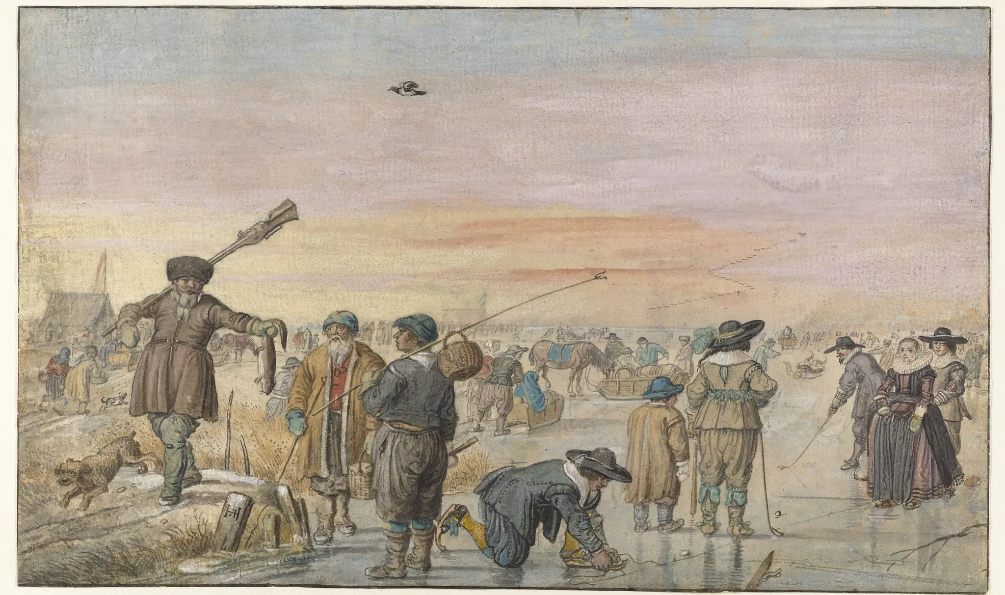 Winter Scene on the Ice, with a Hunter Showing an Otter by Hendrick Avercamp