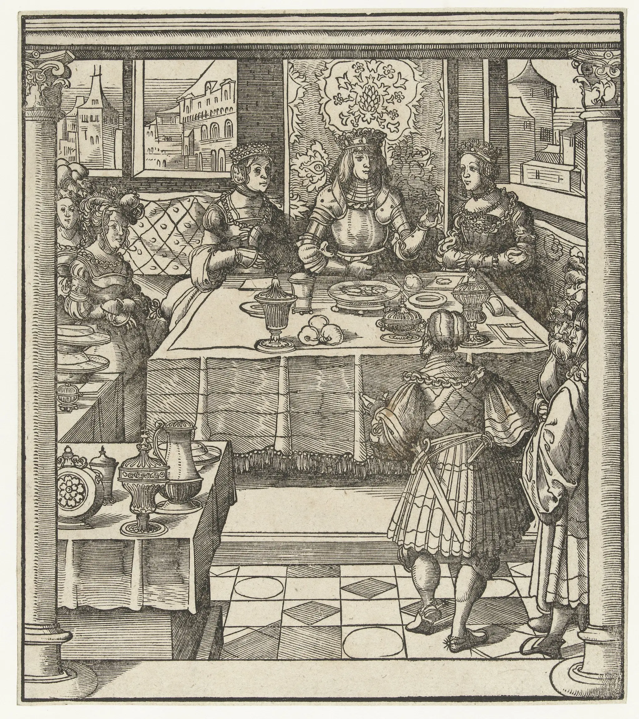 Maximiliaan zit aan tafel met twee vrouwen en ontvangt boodschapper by Leonhard Beck