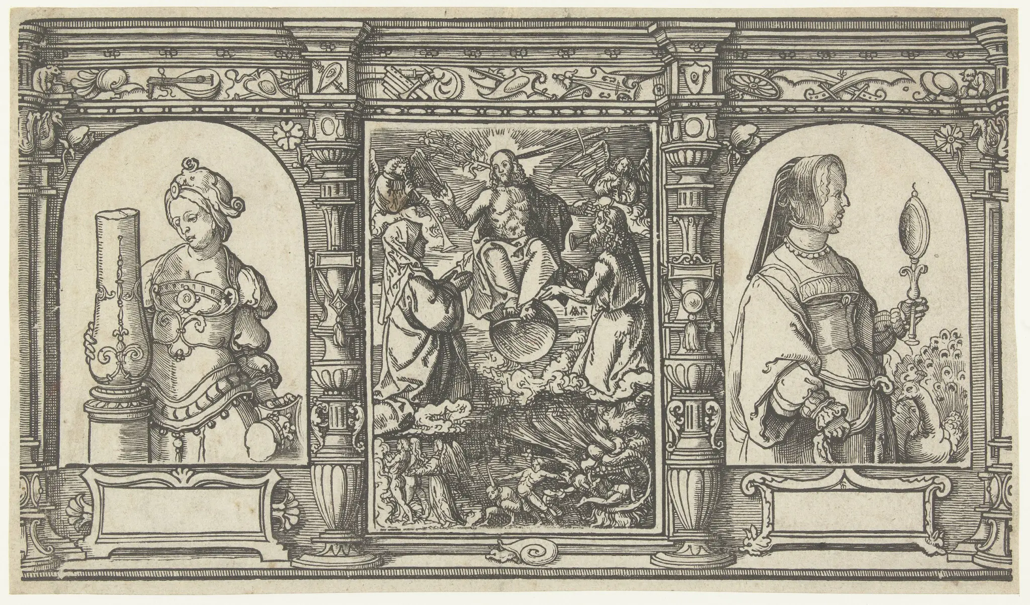 Het Laatste Oordeel en personificaties van Kracht (Fortitudo) en IJdelheid (Vanitas) by anonymous