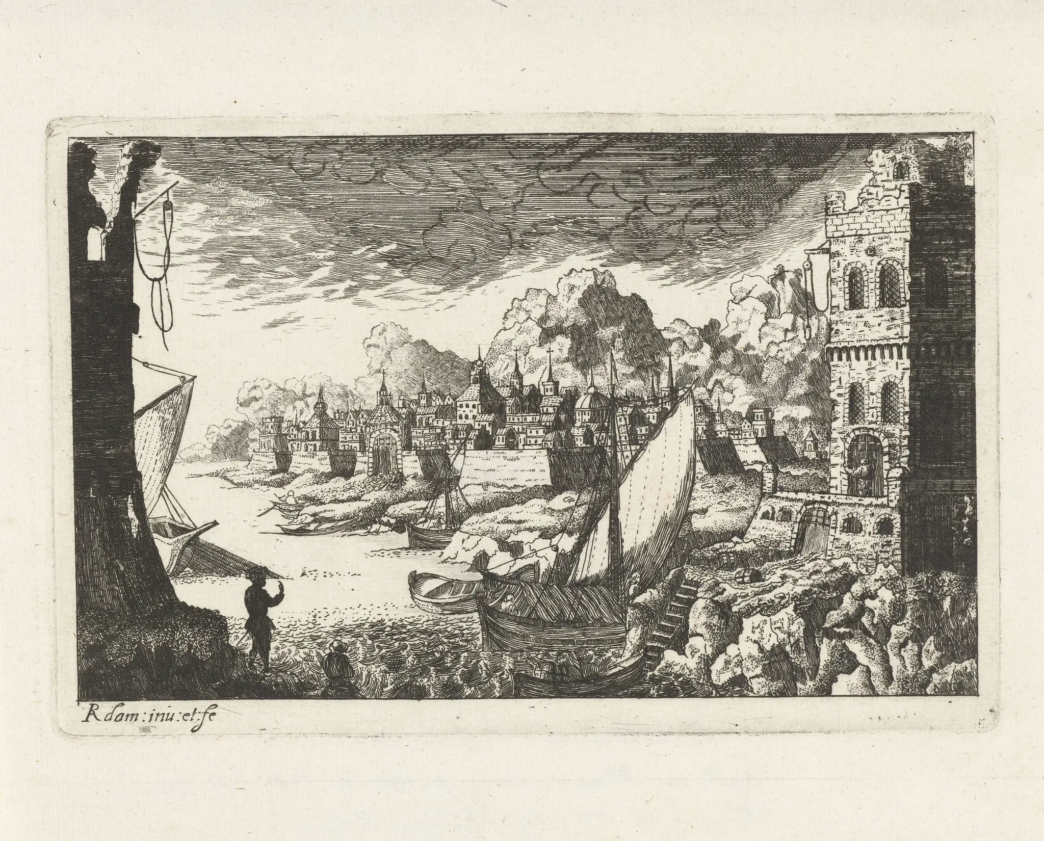 Stadsgezicht met vissershaven en aanmerend bootje by Unknown artist