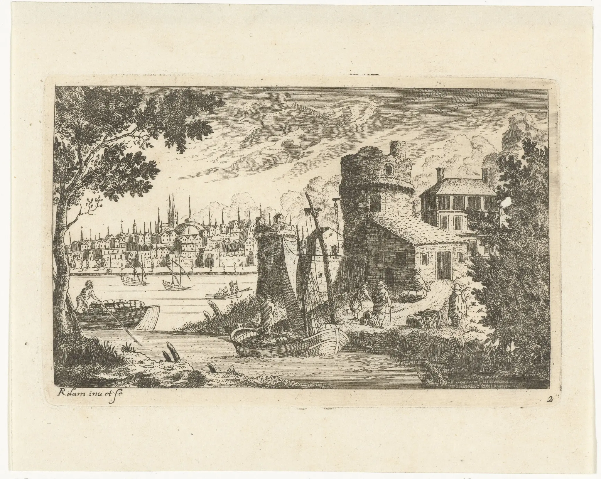 Stadsgezicht met vissershaven en deel van de stadsmuur by Johannes de Ram
