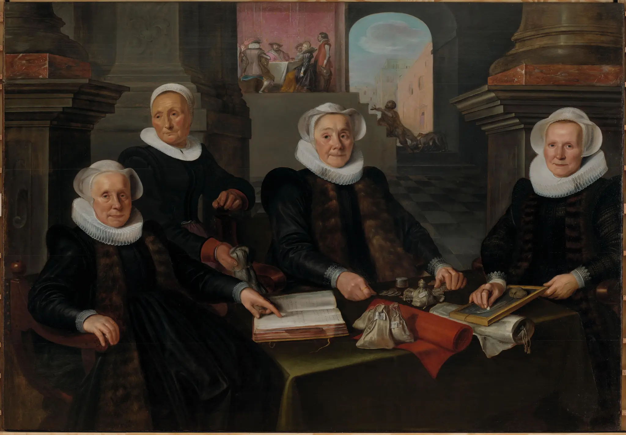 Three regentesses and the housemistress of the Leper-House, Amsterdam by Werner van den Valckert