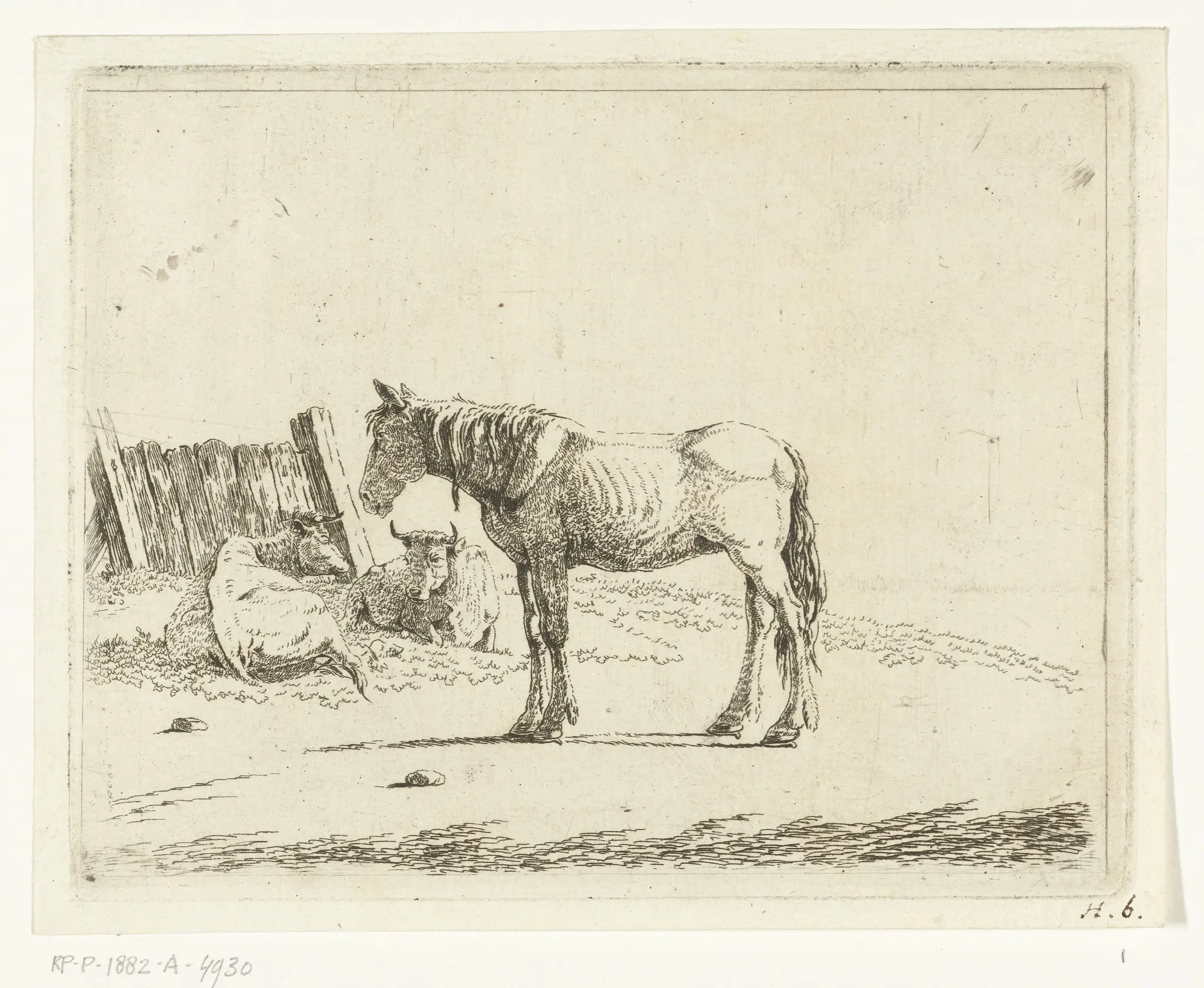Landschap met paard en twee koeien bij hek by Cornelis Bisschop