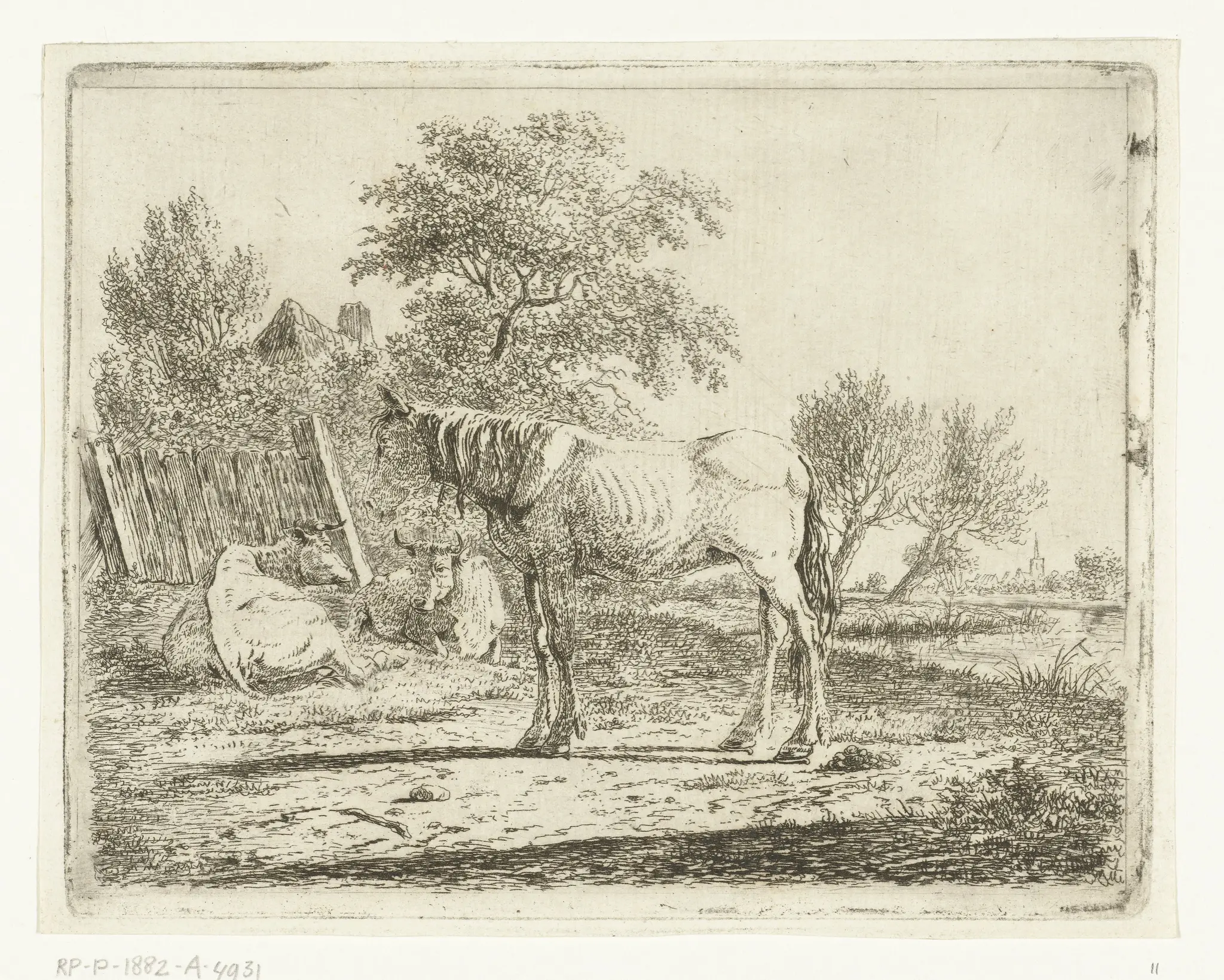 Landschap met paard en twee koeien bij boerderij aan water by Cornelis Bisschop