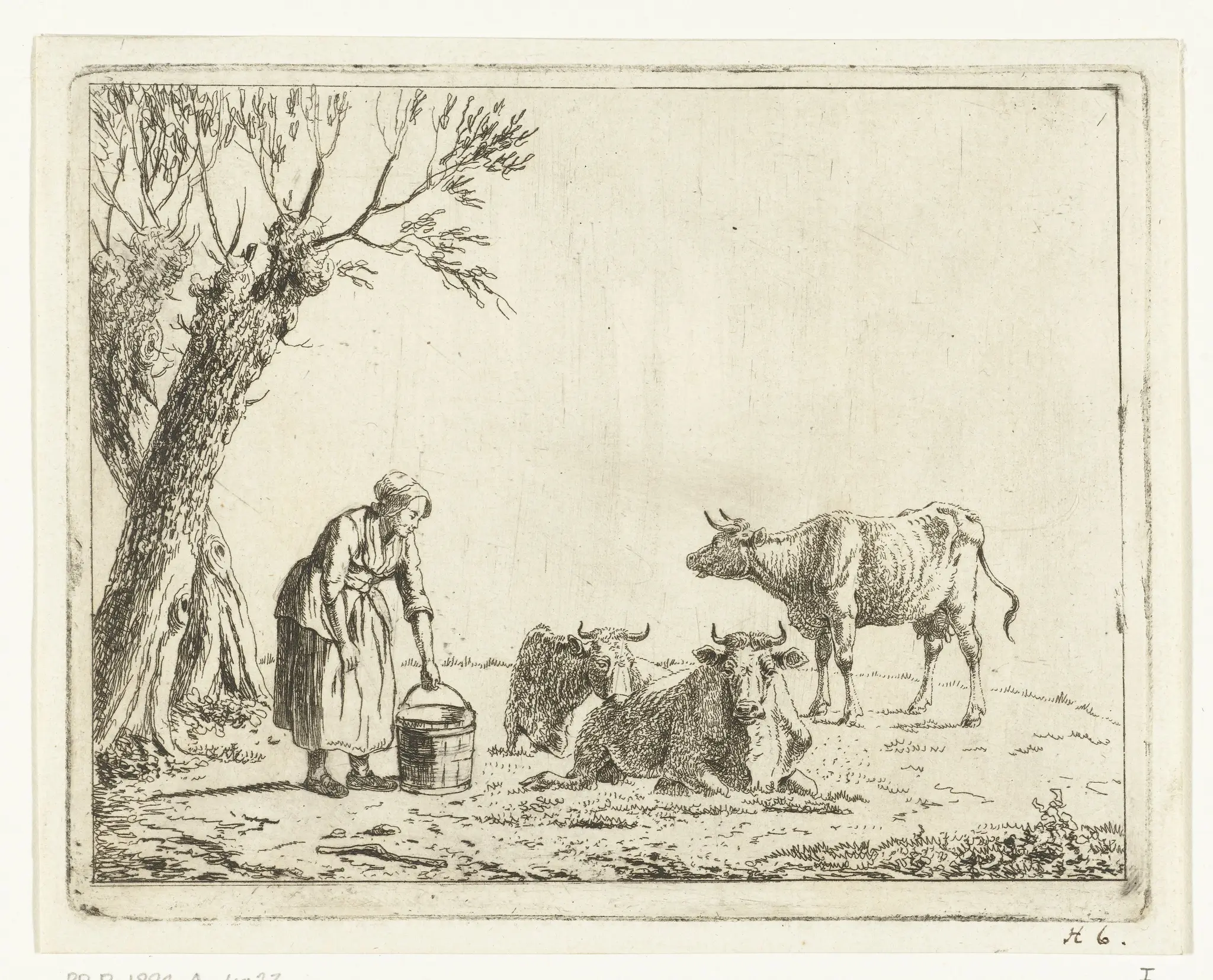 Landschap met vrouw met melkemmer bij drie koeien by Cornelis Bisschop