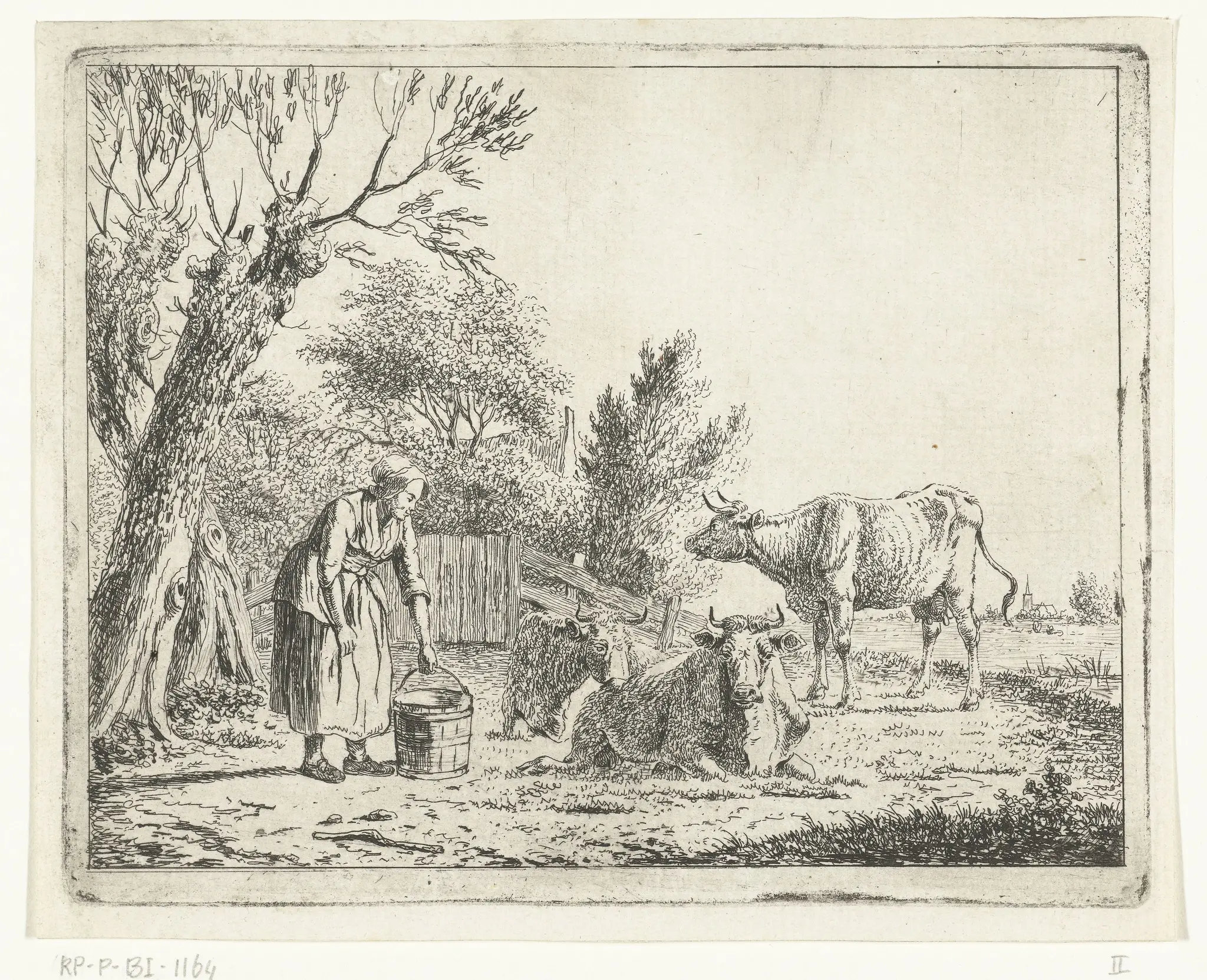 Landschap met vrouw met melkemmer en drie koeien bij boerderij by Cornelis Bisschop