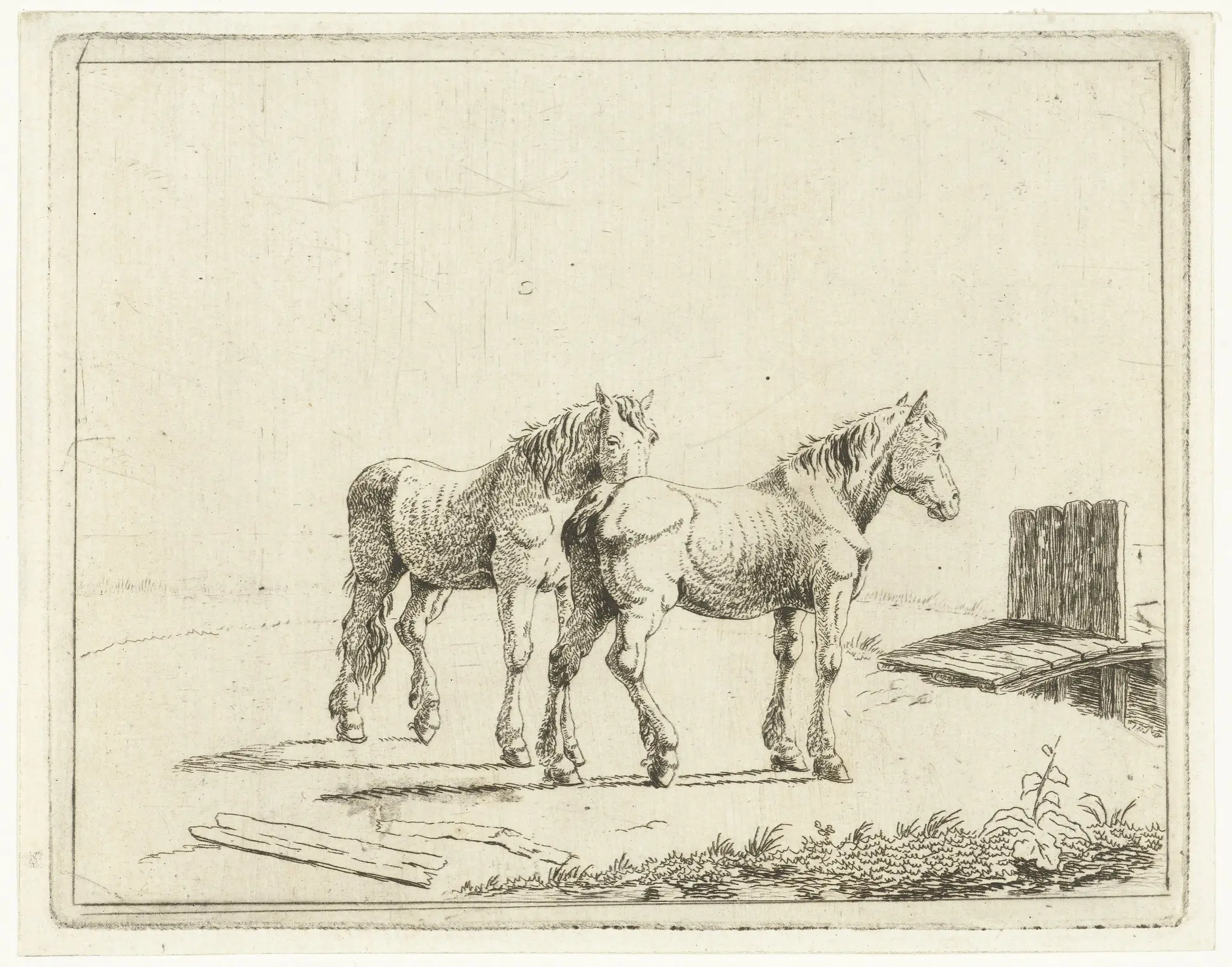 Weidelandschap met twee paarden bij bruggetje by Cornelis Bisschop