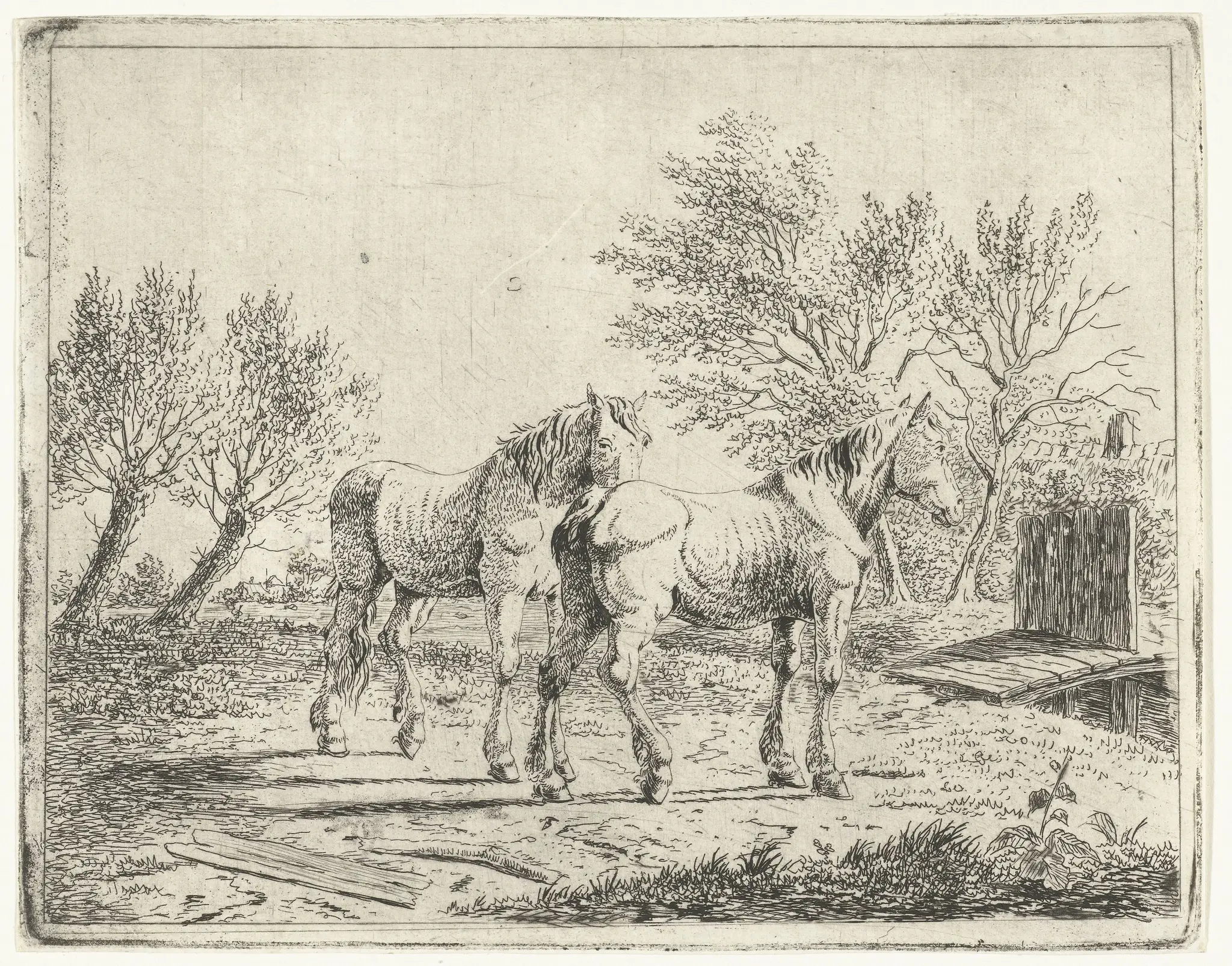 Weidelandschap met twee paarden bij bruggetje en boerderij by Cornelis Bisschop