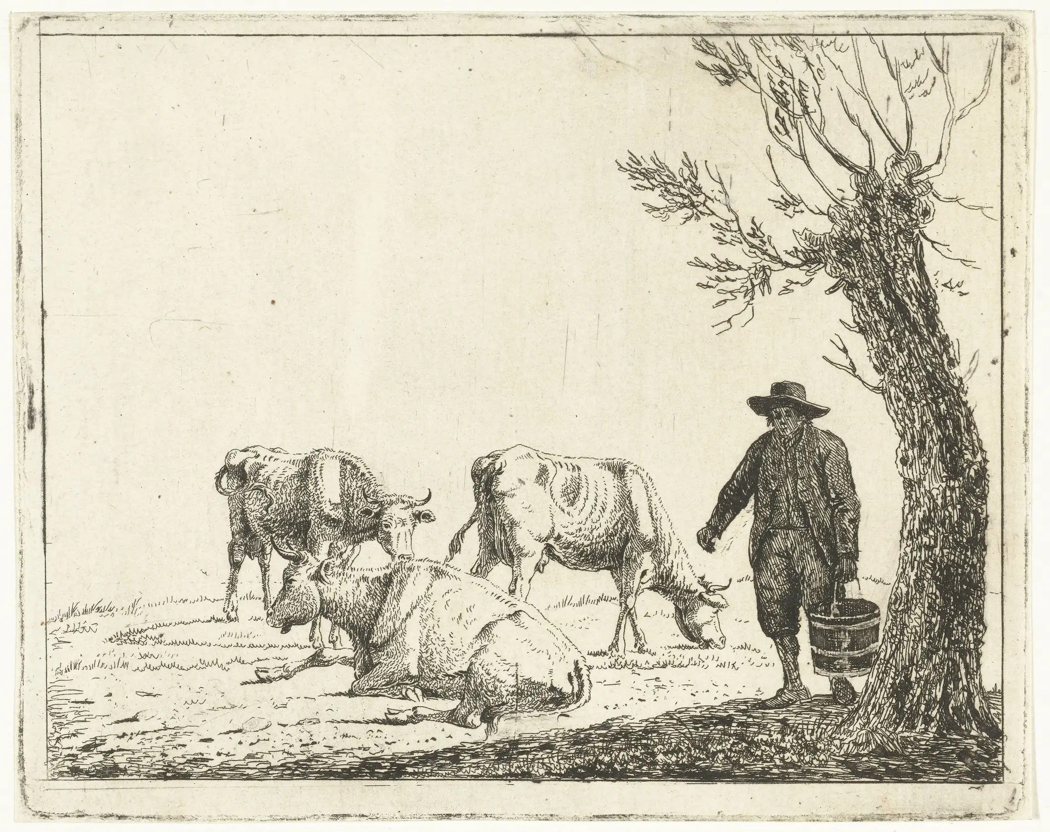 Weidelandschap met man met emmer bij drie koeien by Cornelis Bisschop