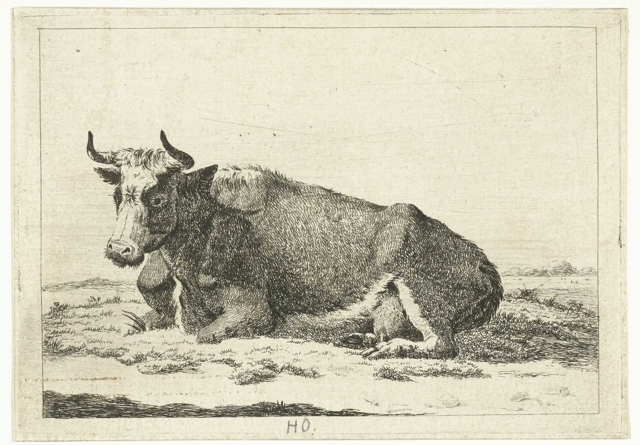 Landschap met liggende koe met horens by Cornelis Bisschop