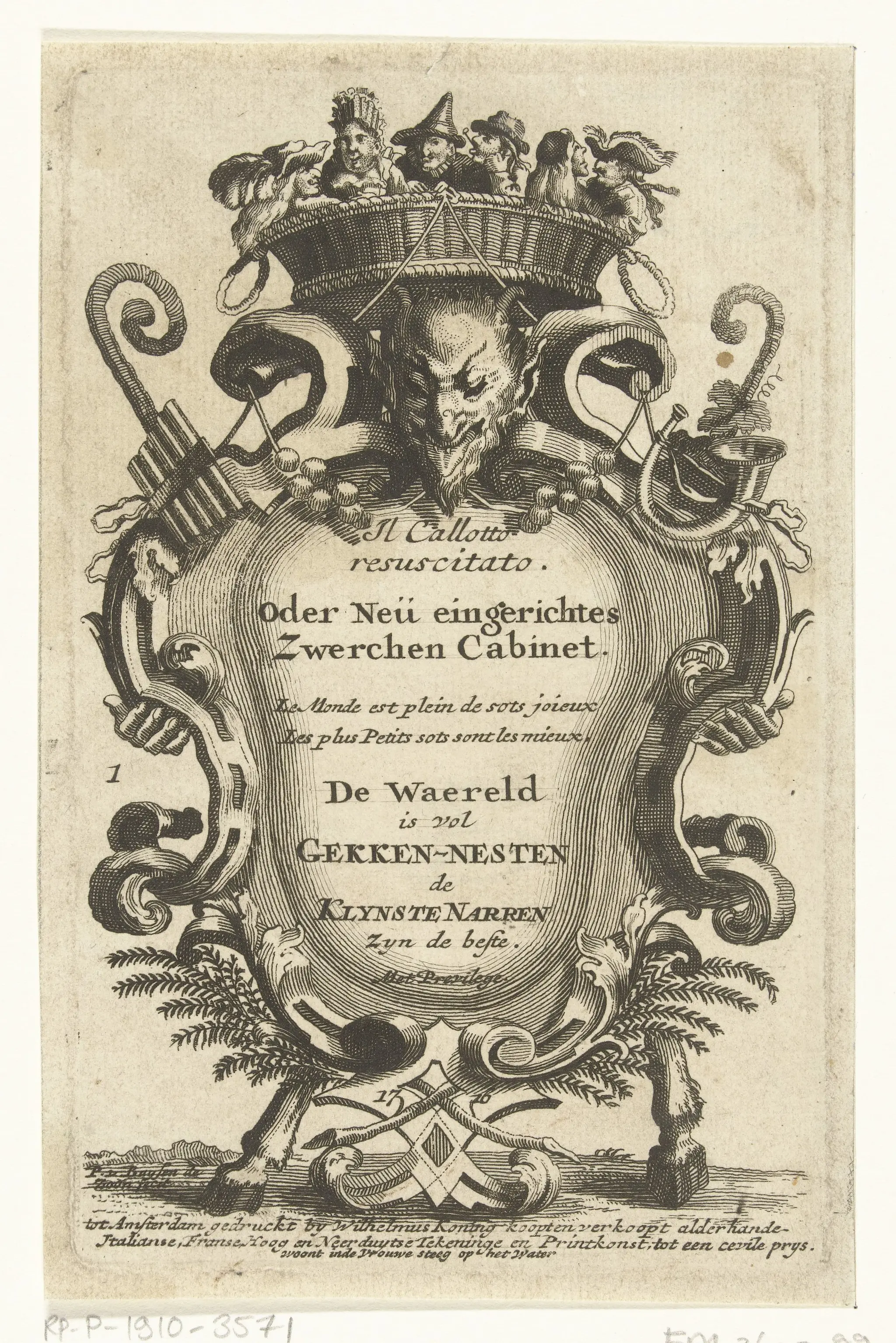 Titelprent voor: Il Calotto resuscitato. oder Neü eingerichtes Zwerchen Cabinet. Amsterdam: 1716. by Unknown artist