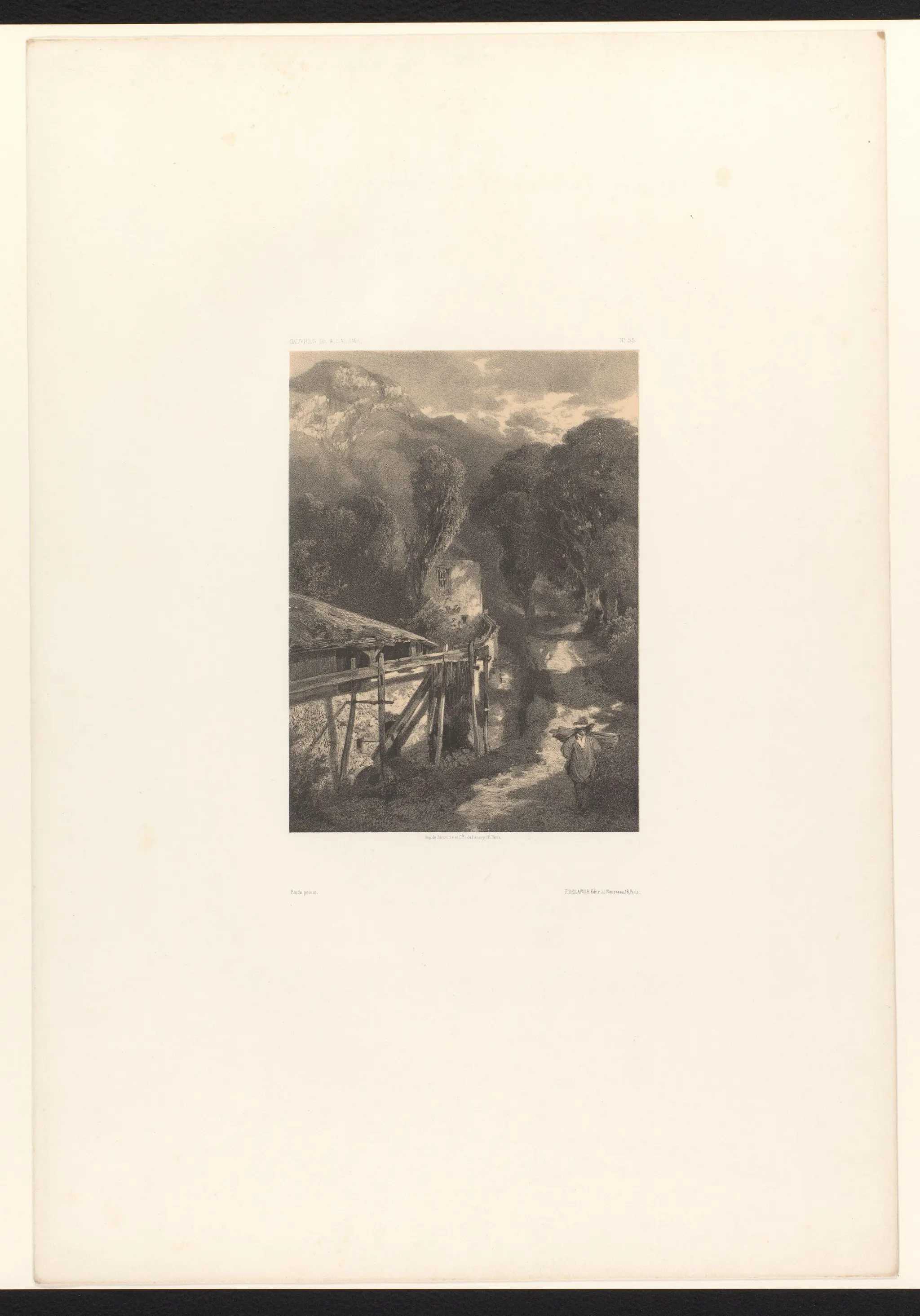 Berglandschap met figuur op een pad langs huizen by Alexandre Calame
